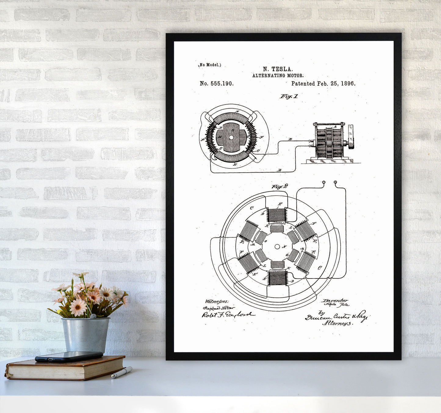 Tesla Alternating Motor Patent Art Print by Jason Stanley A1 White Frame
