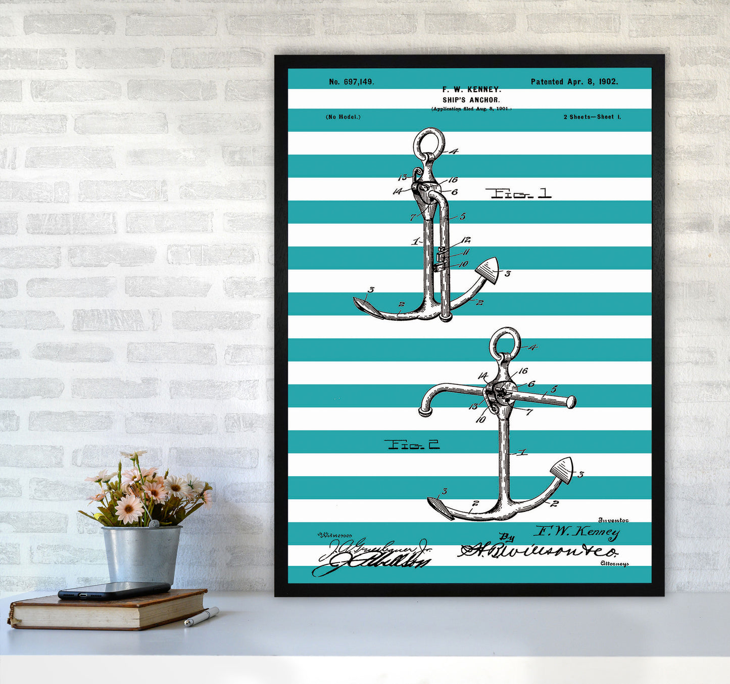Anchor Patent Stripe Art Print by Jason Stanley A1 White Frame