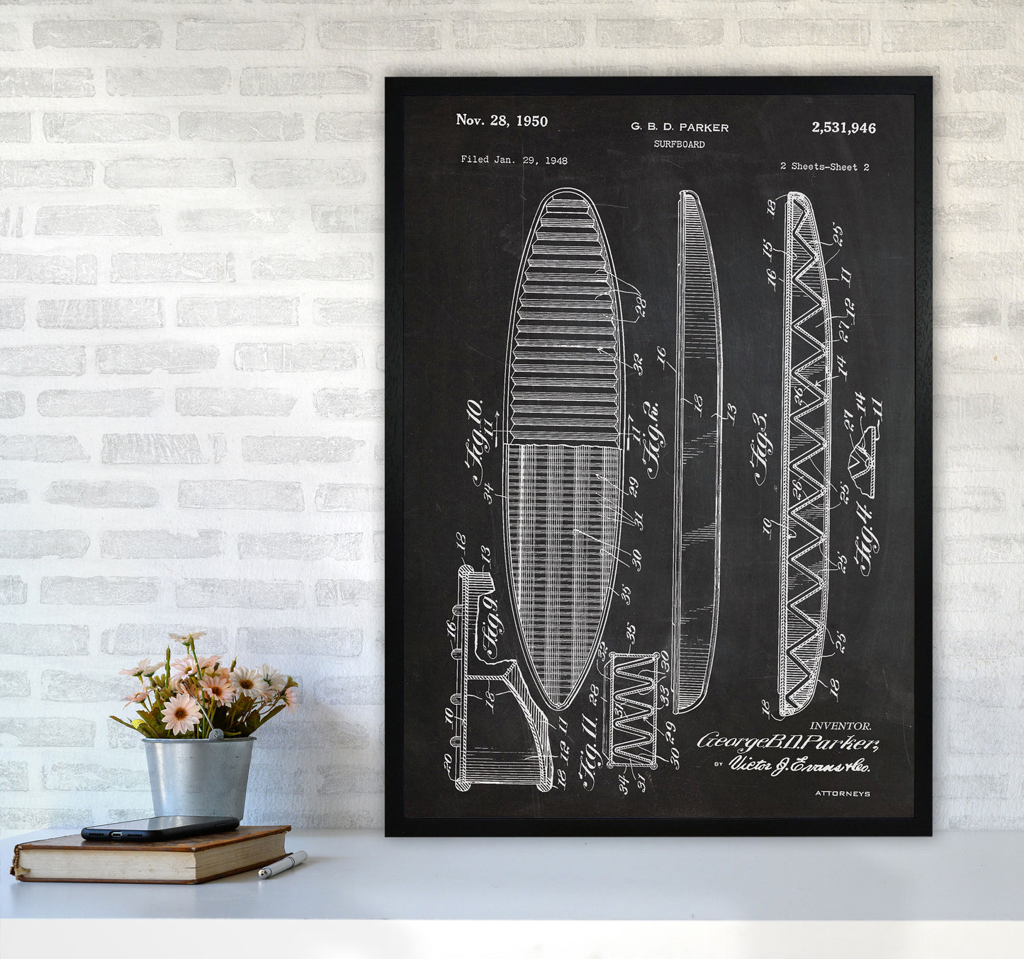 Surfboard Patent Art Print by Jason Stanley A1 White Frame