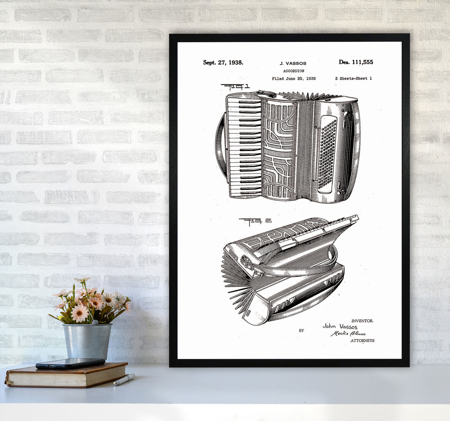 Accordian Patent Art Print by Jason Stanley A1 White Frame