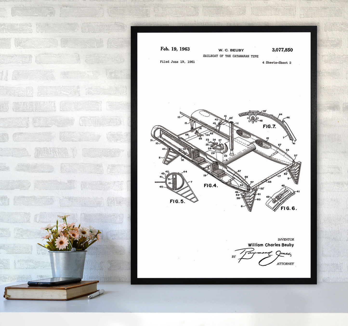Catamaran Patent Art Print by Jason Stanley A1 White Frame