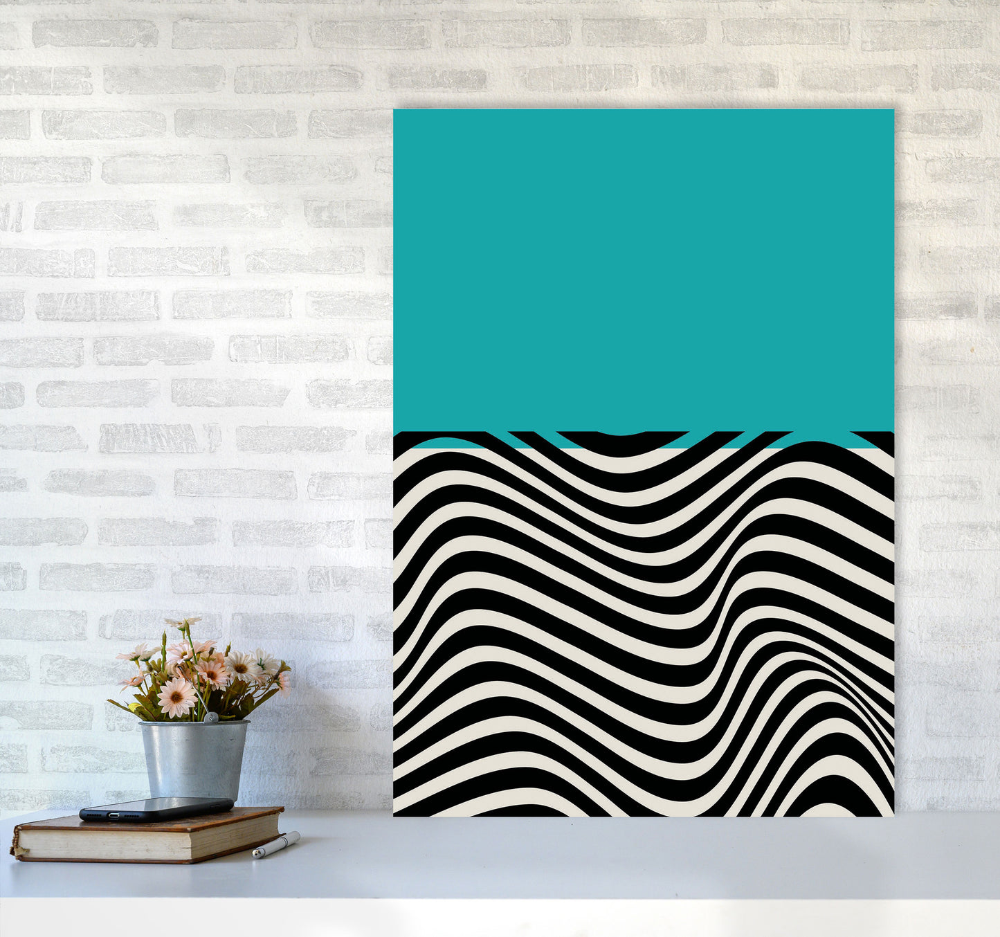 Minimal Abstract Blue Wave Art Print by Jason Stanley A1 Black Frame