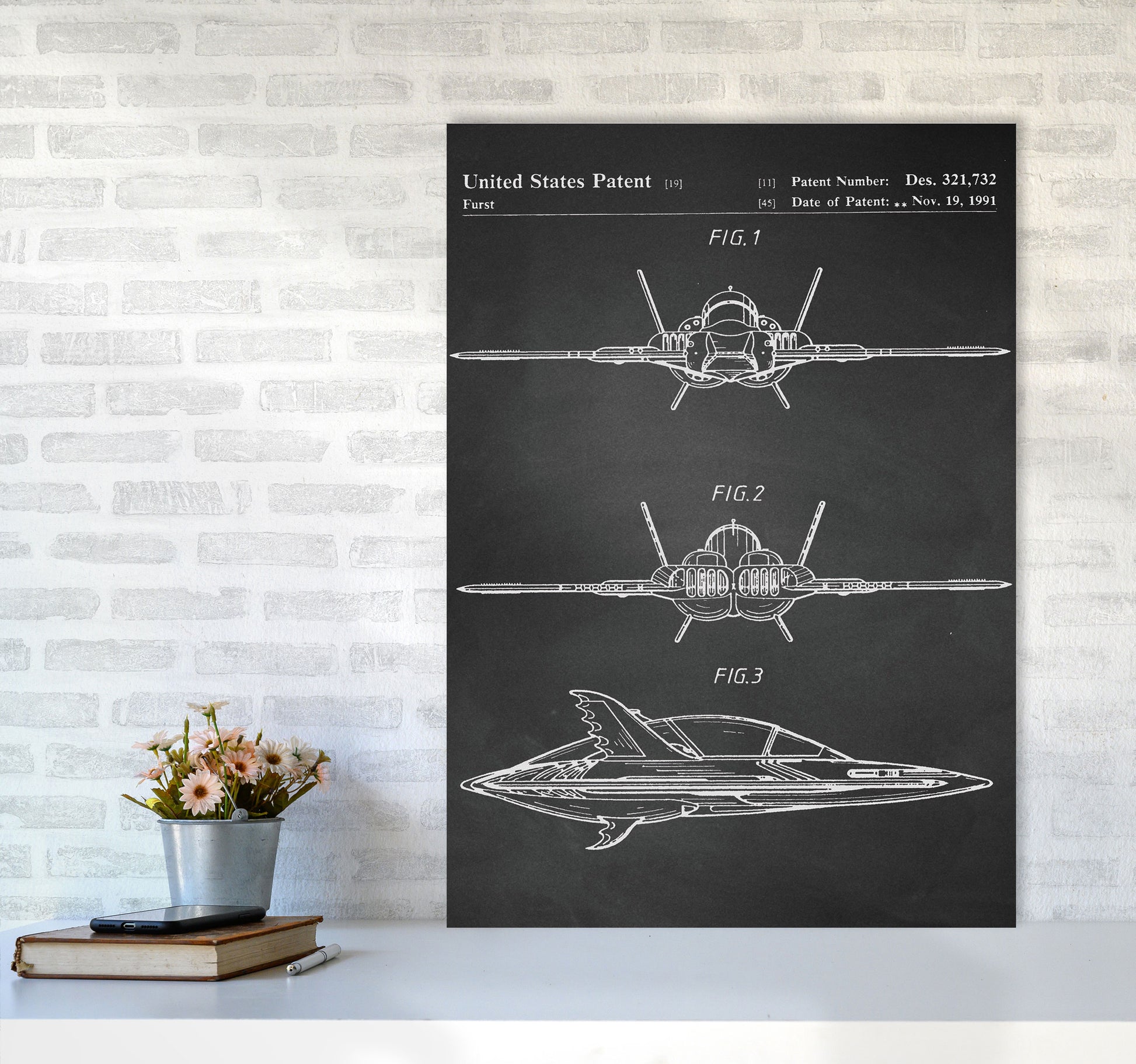 Batwing Patent- Chalkboard Art Print by Jason Stanley A1 Black Frame