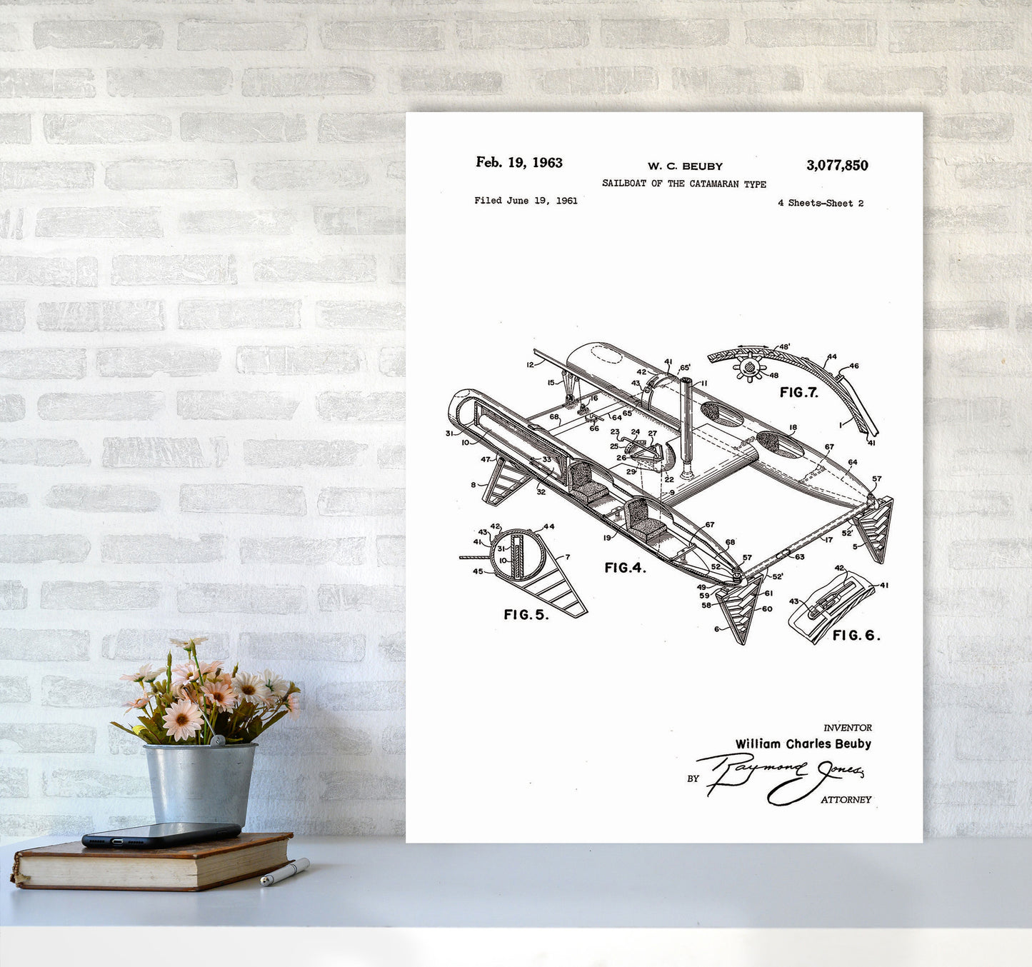 Catamaran Patent Art Print by Jason Stanley A1 Black Frame