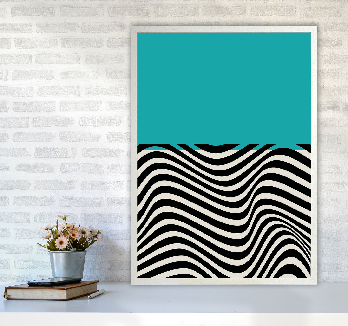 Minimal Abstract Blue Wave Art Print by Jason Stanley A1 Oak Frame