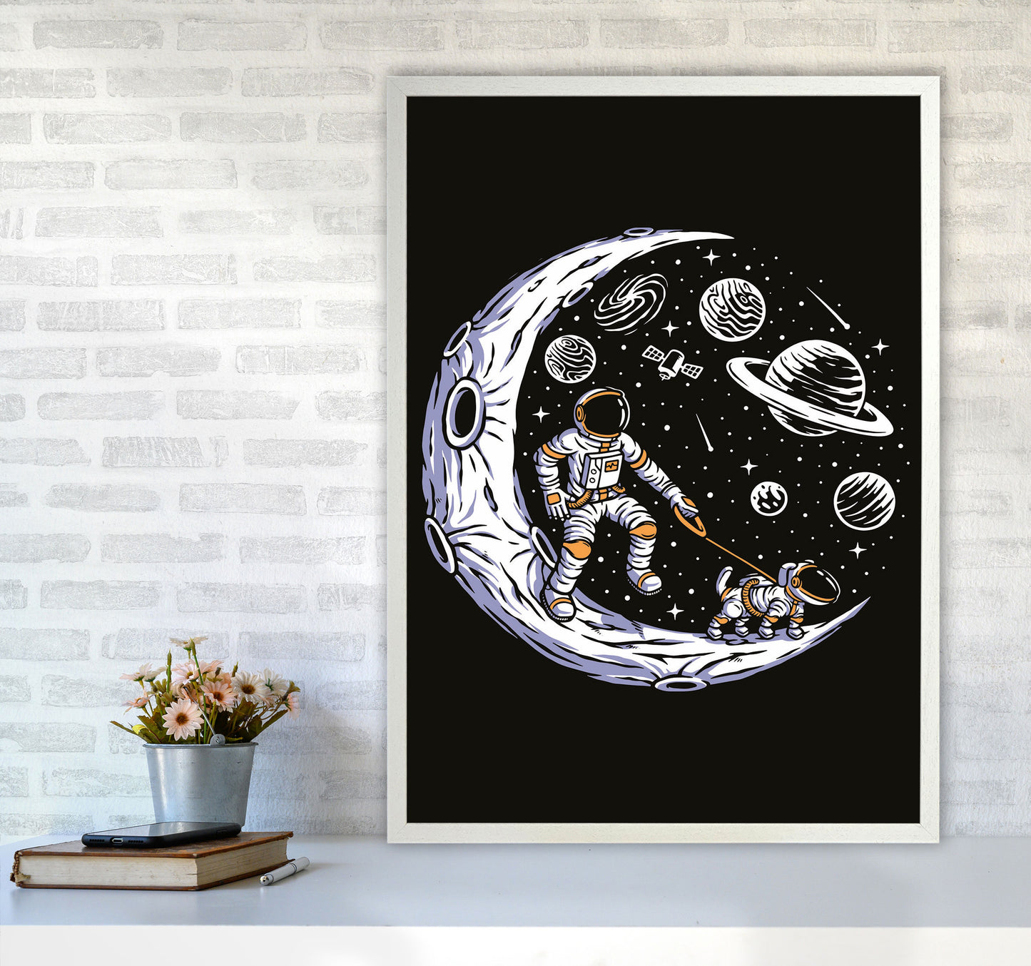 Doggie Moon Walks Art Print by Jason Stanley A1 Oak Frame