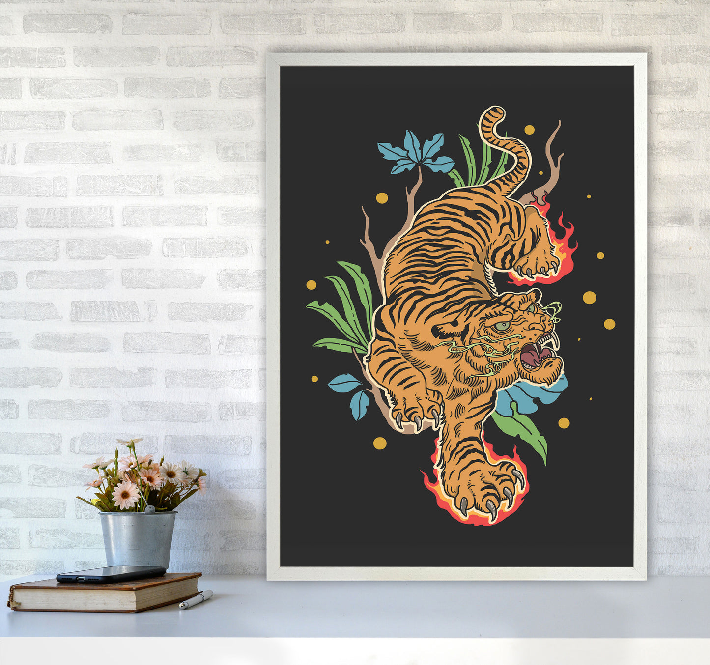 Classic Tiger Tattoo Art Print by Jason Stanley A1 Oak Frame