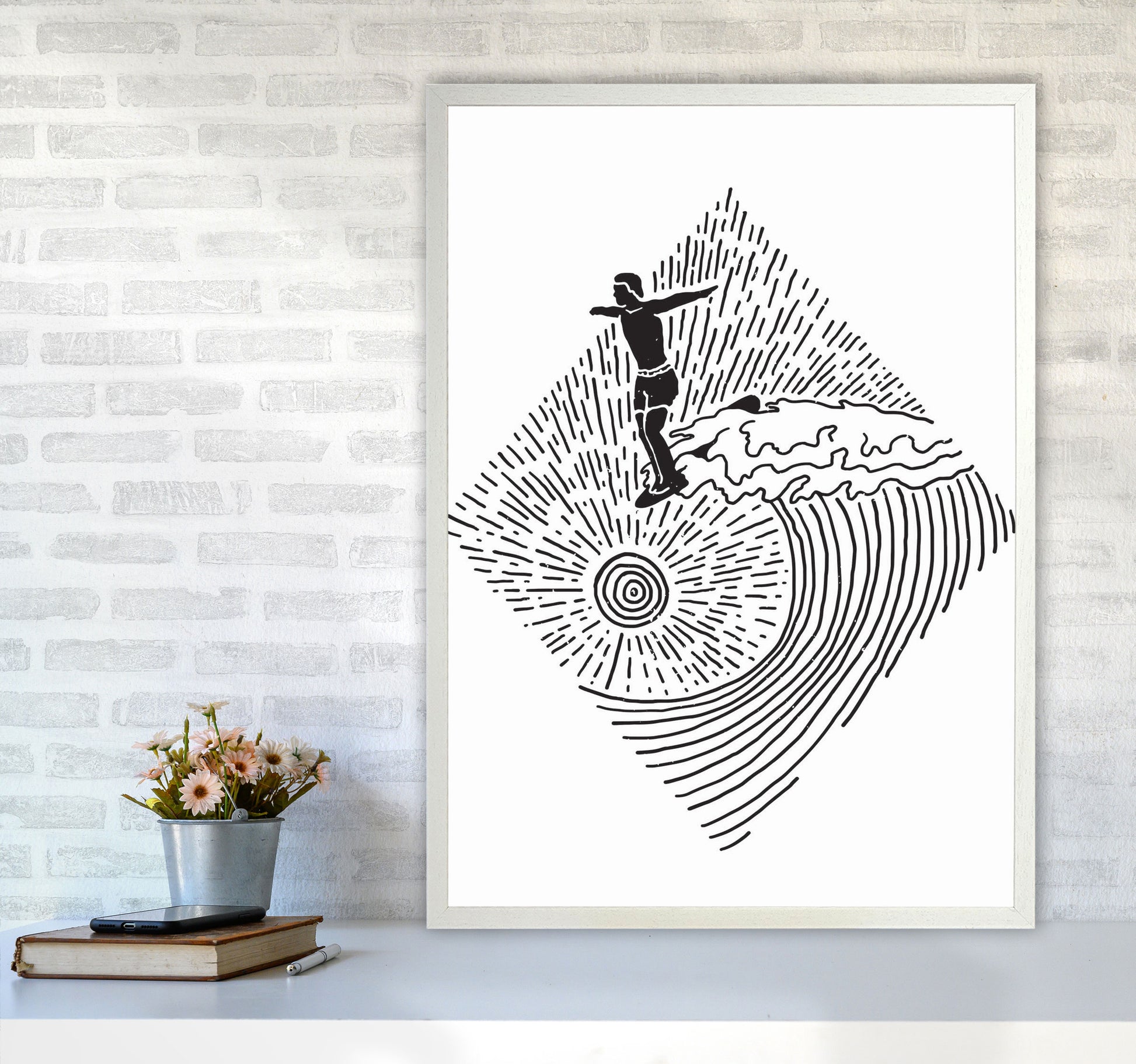 Surfer Line Drawing Art Print by Jason Stanley A1 Oak Frame