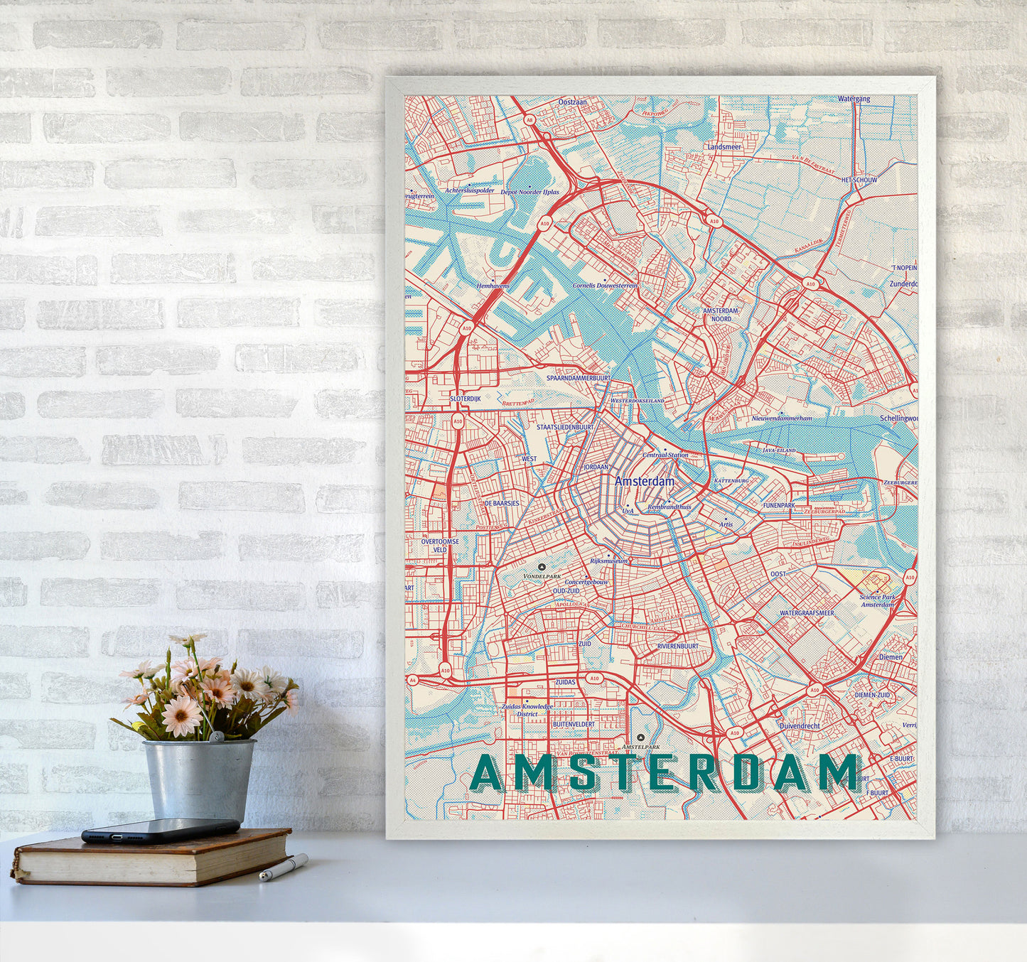 Retro Map - Amsterdam Art Print by Jason Stanley A1 Oak Frame