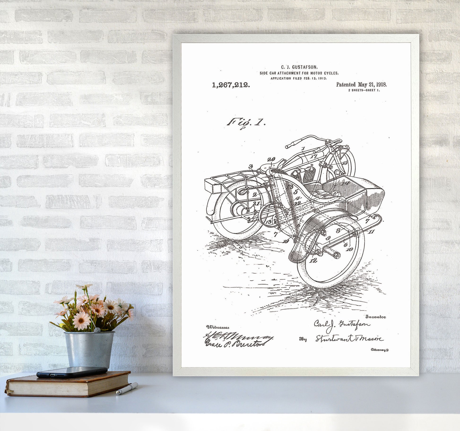 Motorcycle With Side Car Patent Art Print by Jason Stanley A1 Oak Frame