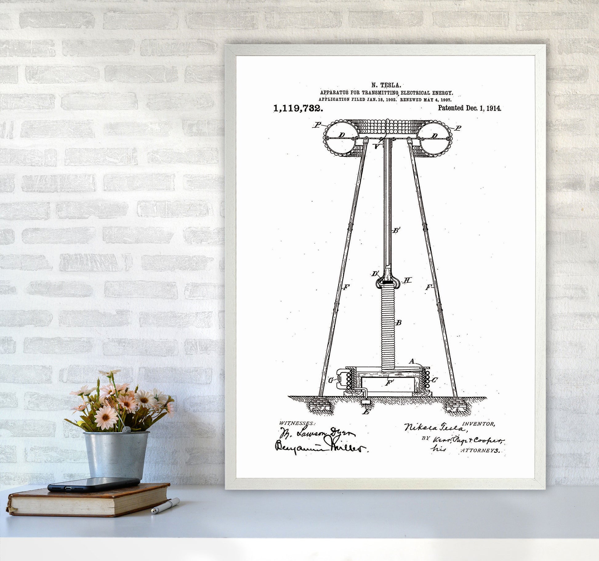 Tesla Electrical Energy Patent Art Print by Jason Stanley A1 Oak Frame