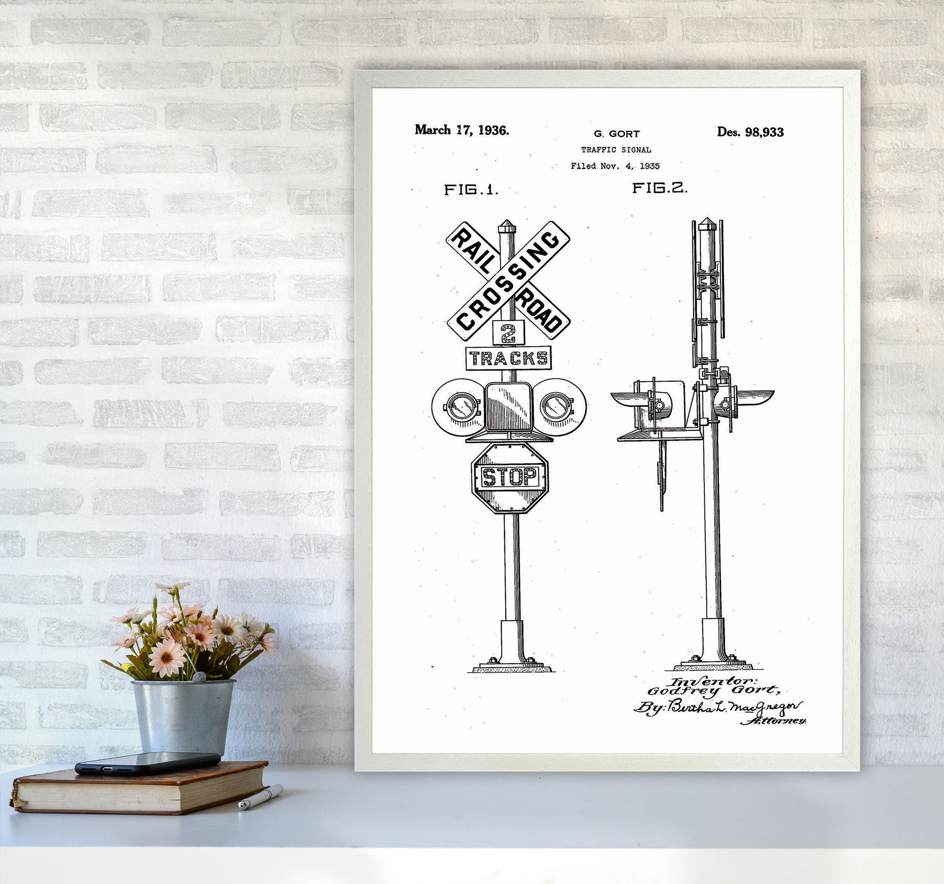 Rail Road Crossing Sign Patent Art Print by Jason Stanley A1 Oak Frame