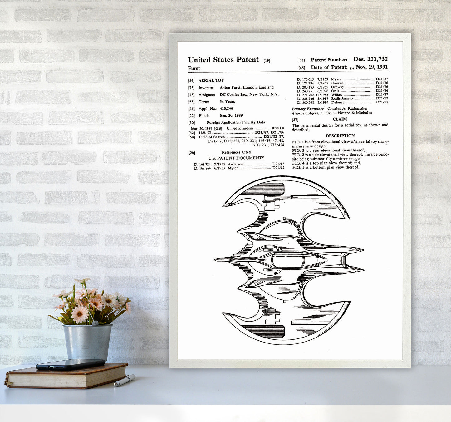 Batwing Patent Side View Art Print by Jason Stanley A1 Oak Frame