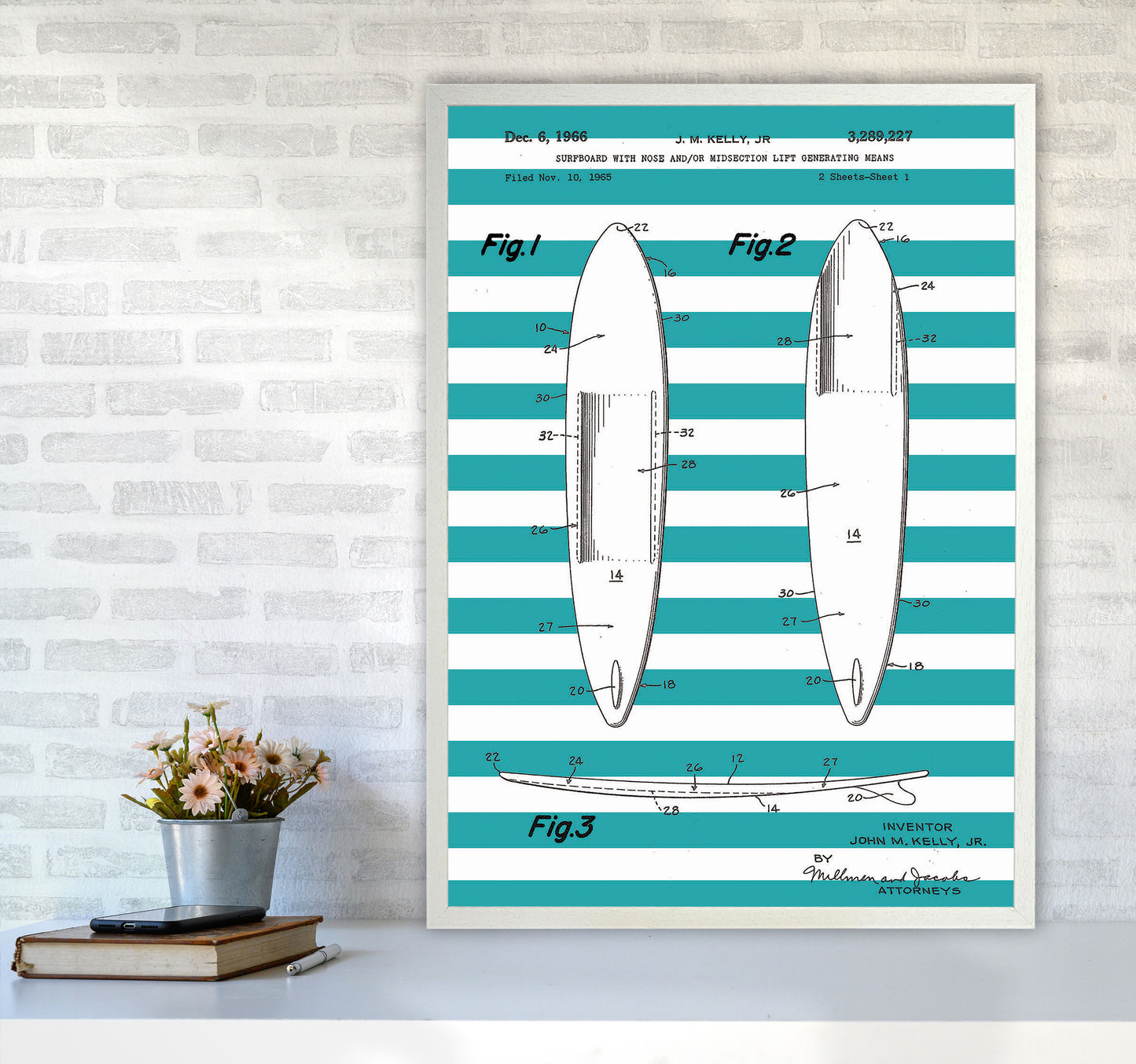Surfboard Patent Stripe Art Print by Jason Stanley A1 Oak Frame