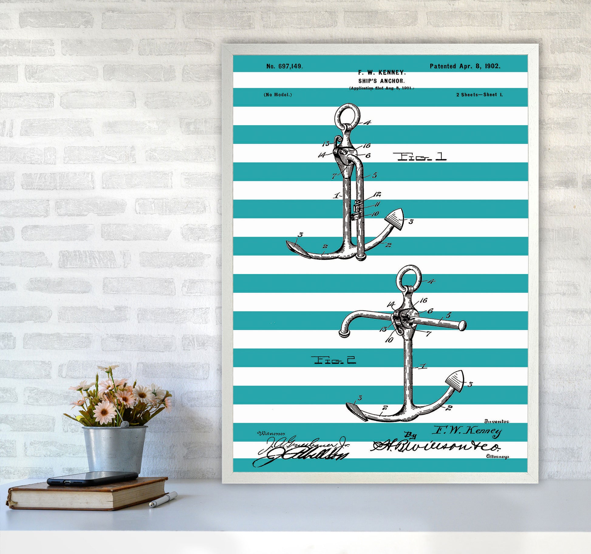 Anchor Patent Stripe Art Print by Jason Stanley A1 Oak Frame