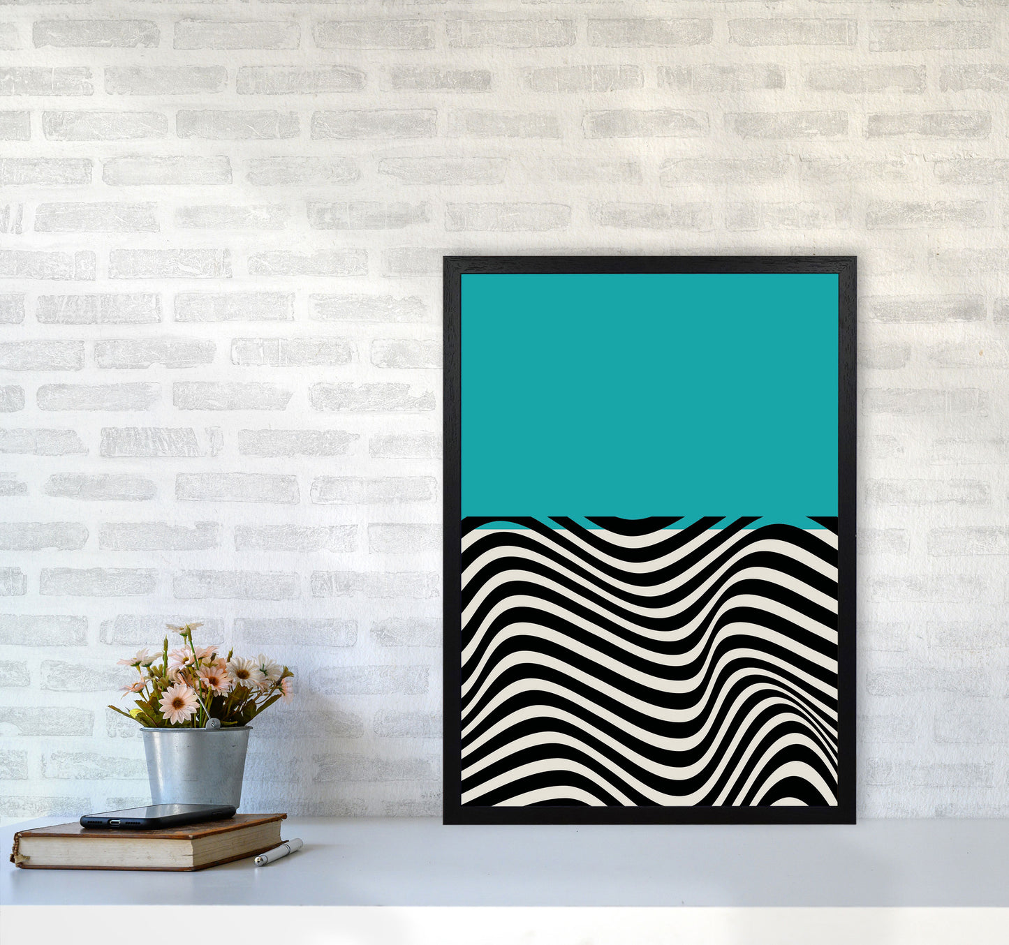 Minimal Abstract Blue Wave Art Print by Jason Stanley A2 White Frame