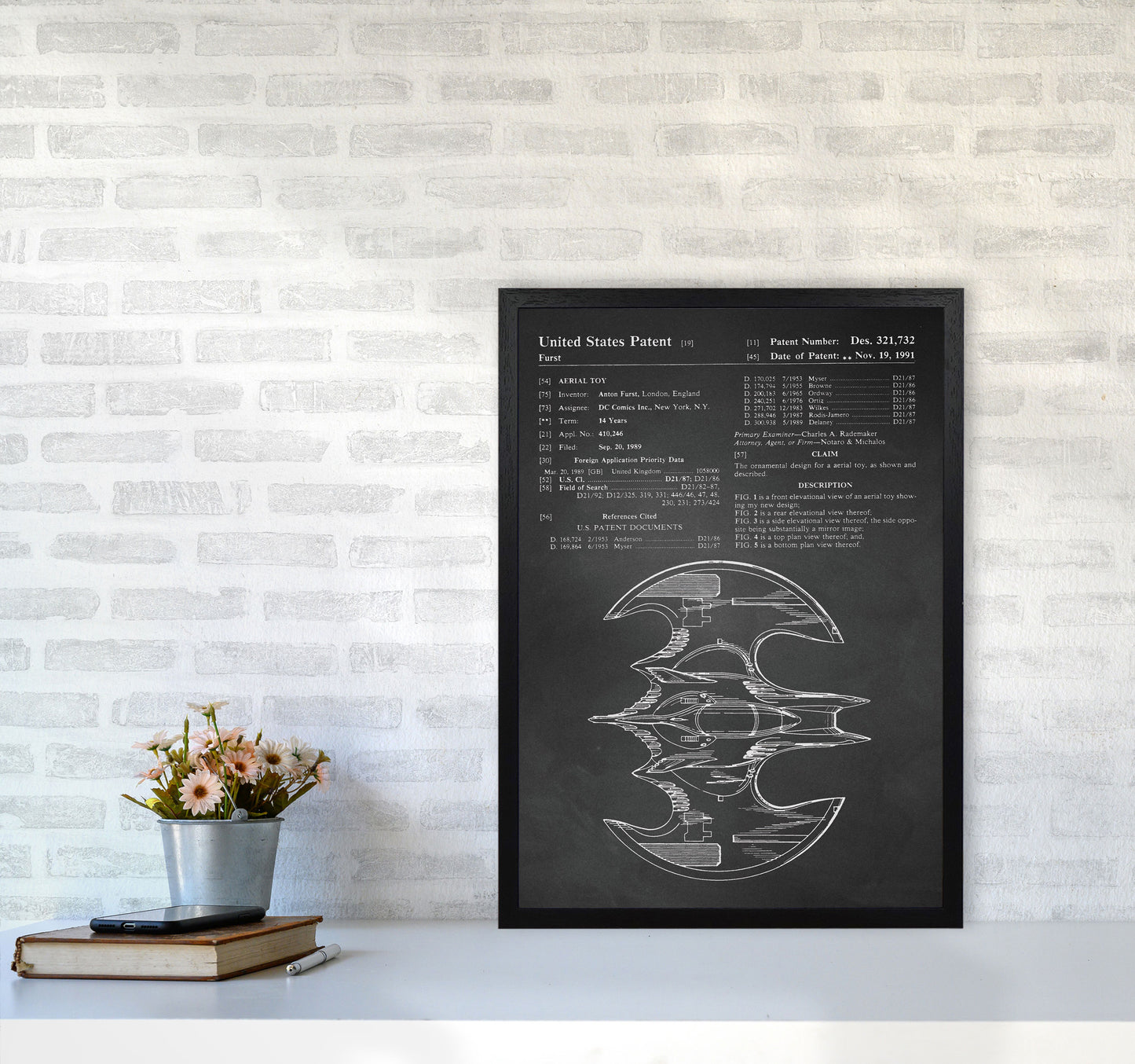 Batwing Patent Side View- Chalkboard Art Print by Jason Stanley A2 White Frame
