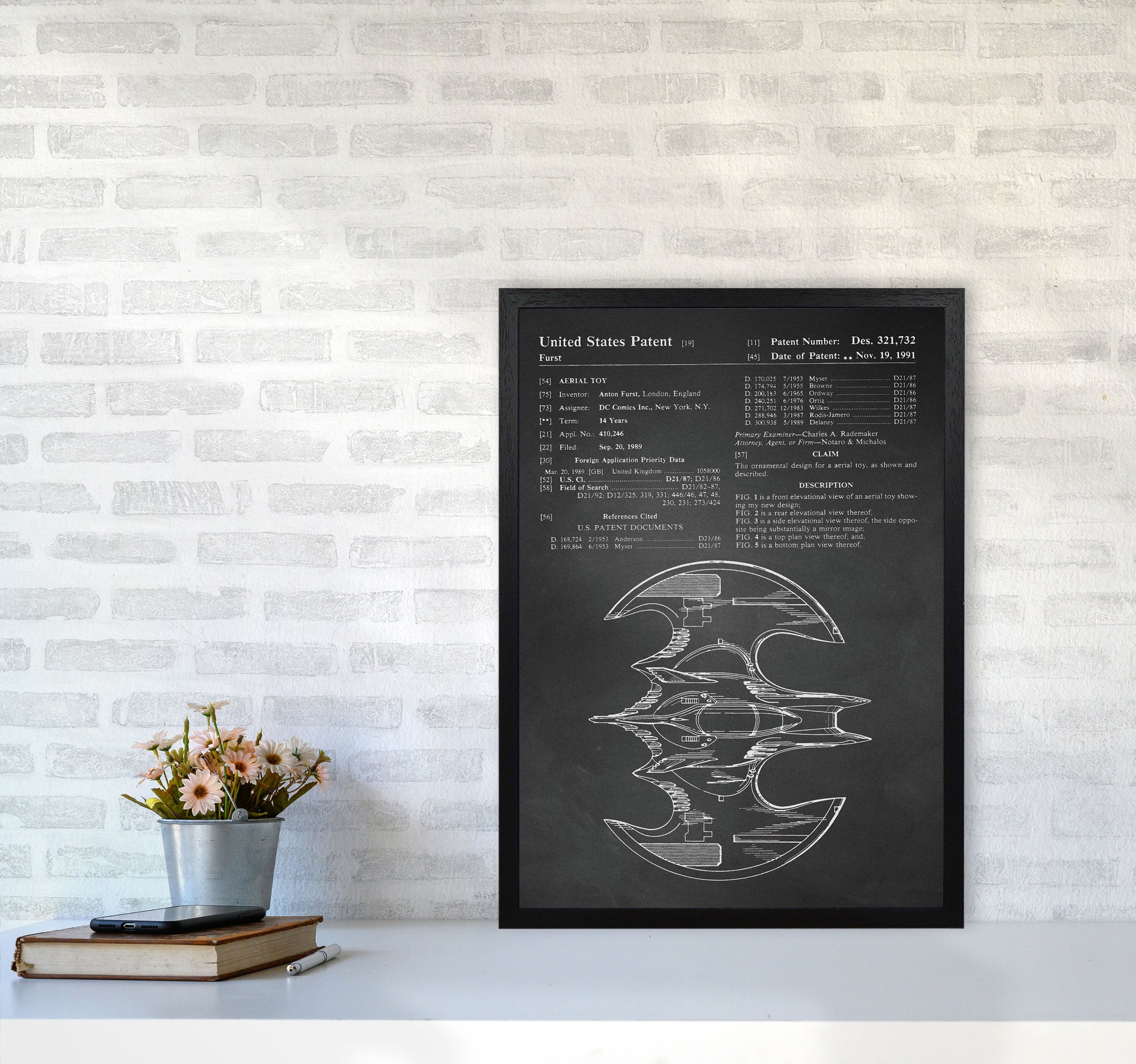 Batwing Patent Side View- Chalkboard Art Print by Jason Stanley A2 White Frame