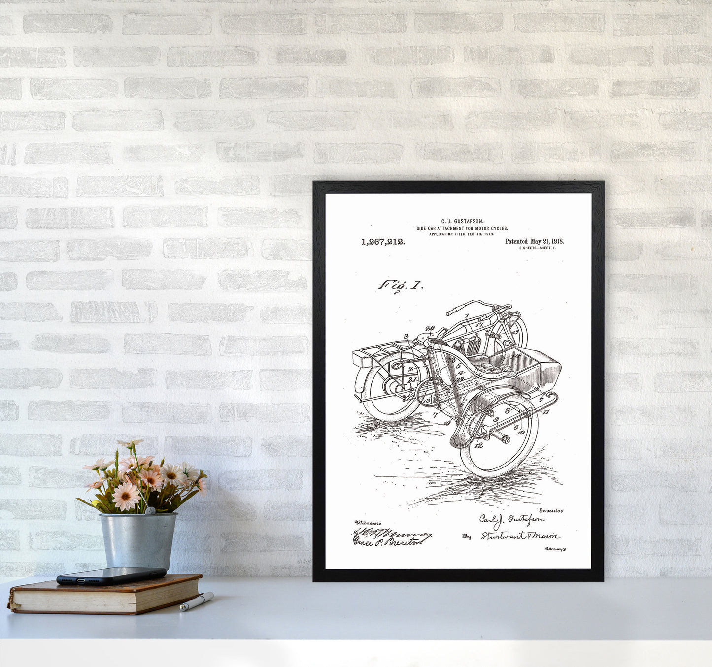 Motorcycle With Side Car Patent Art Print by Jason Stanley A2 White Frame