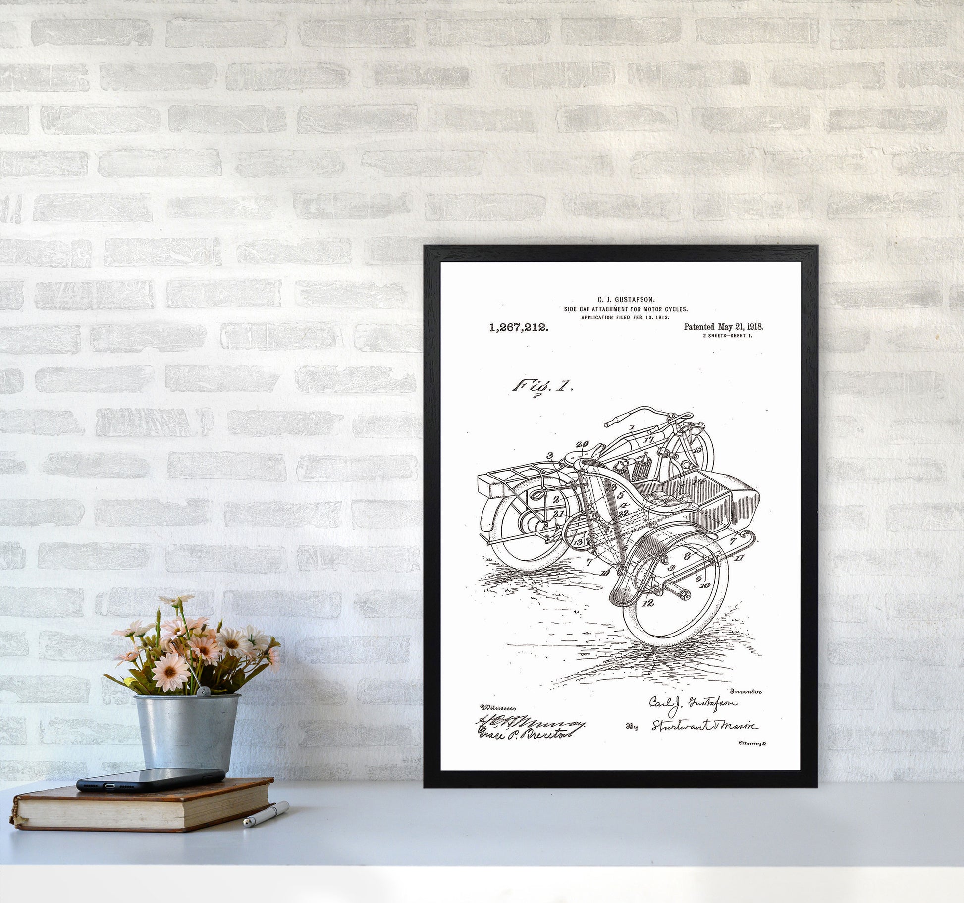 Motorcycle With Side Car Patent Art Print by Jason Stanley A2 White Frame