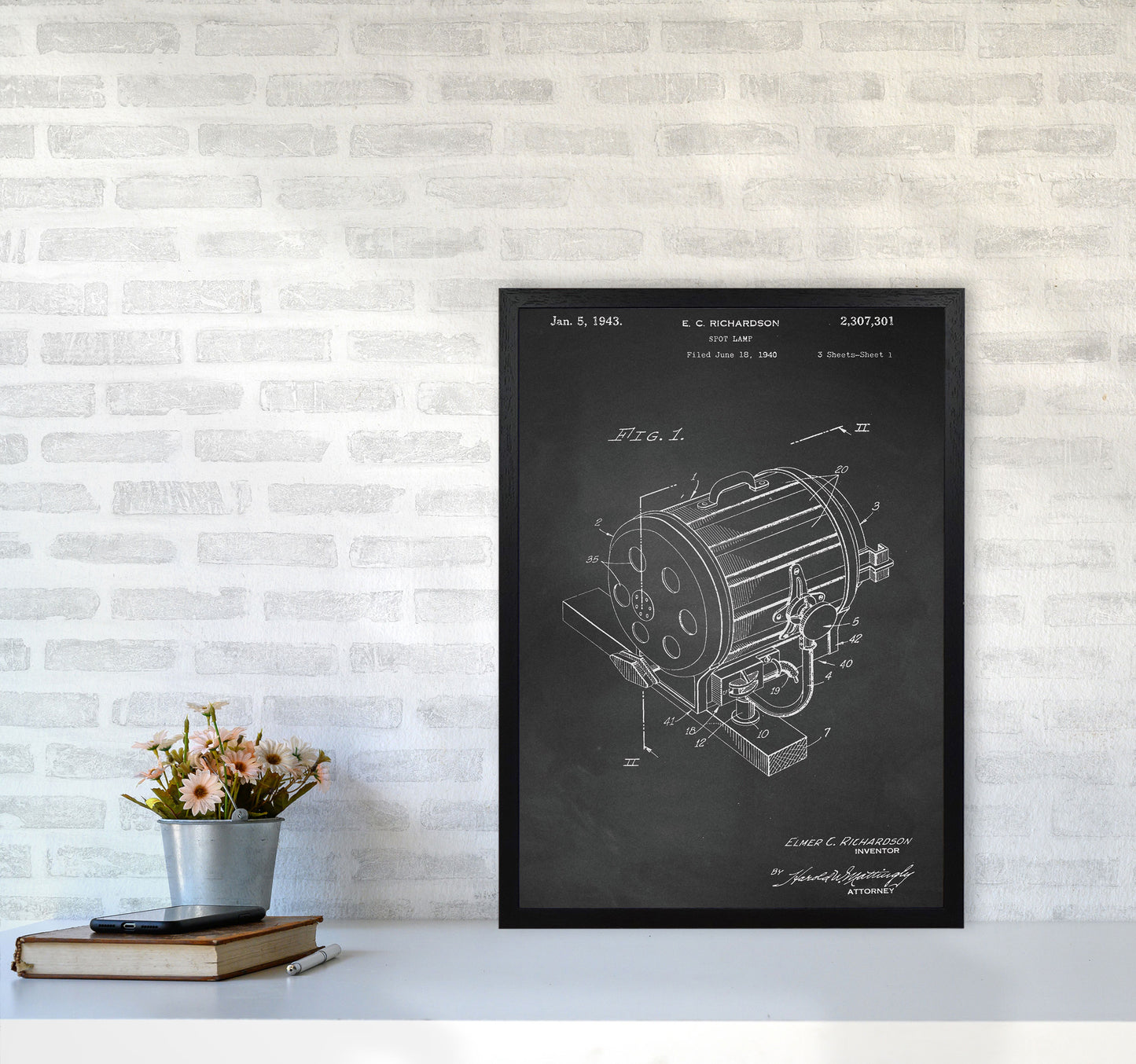 Cinema Spot Light Patent-Chalkboard Art Print by Jason Stanley A2 White Frame