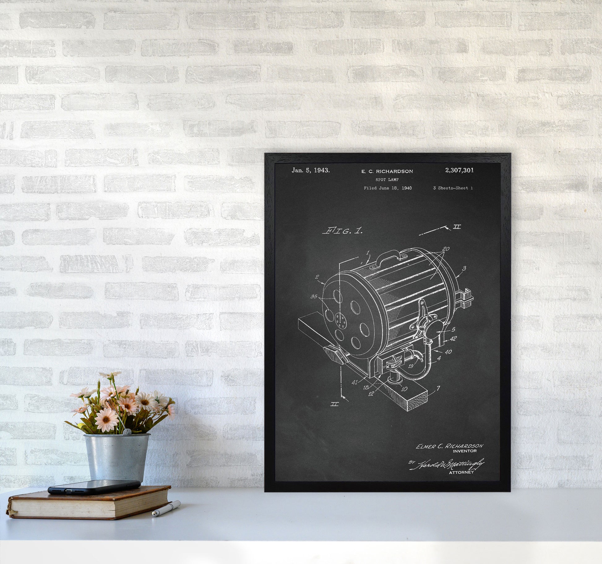 Cinema Spot Light Patent-Chalkboard Art Print by Jason Stanley A2 White Frame