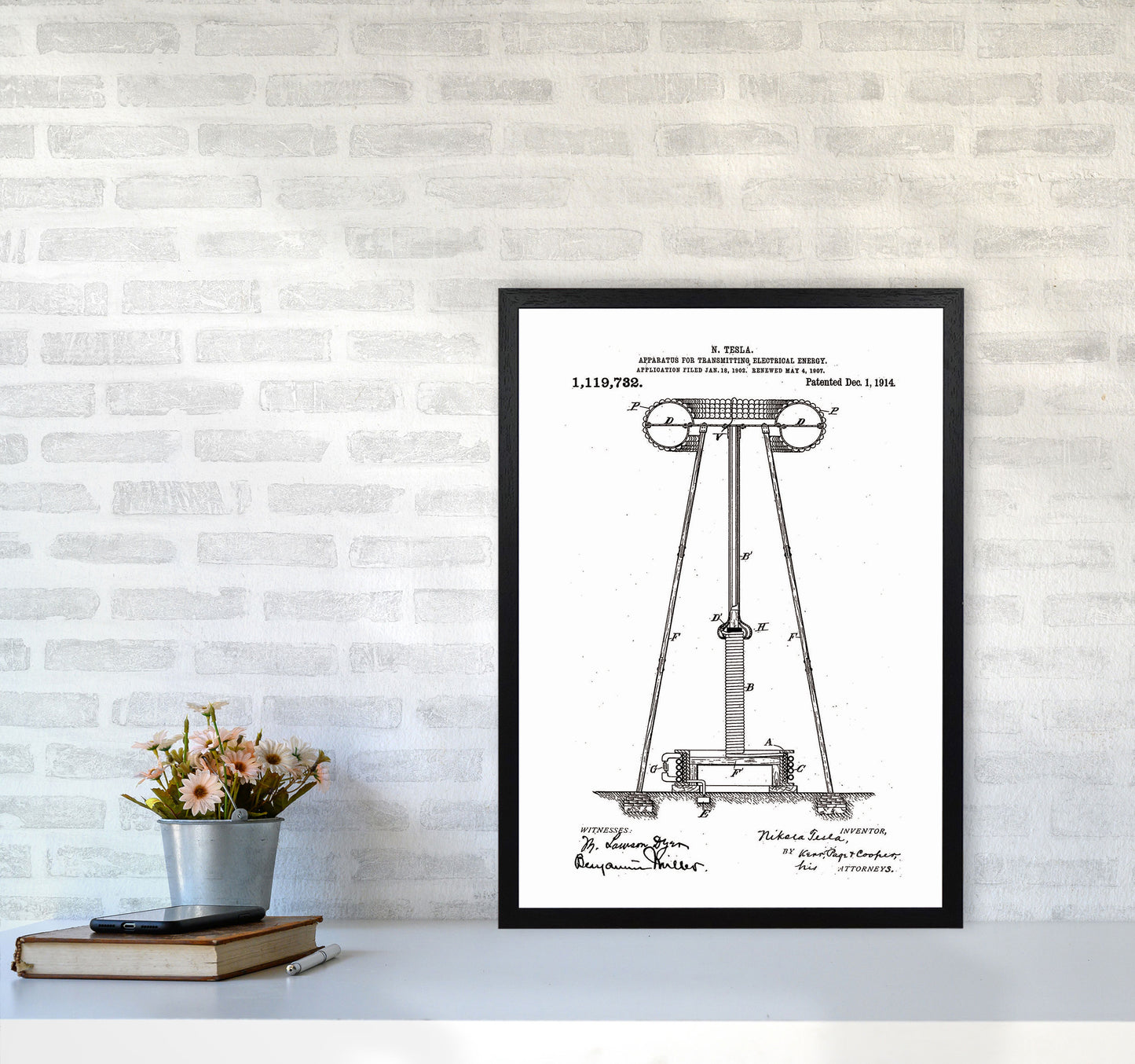 Tesla Electrical Energy Patent Art Print by Jason Stanley A2 White Frame