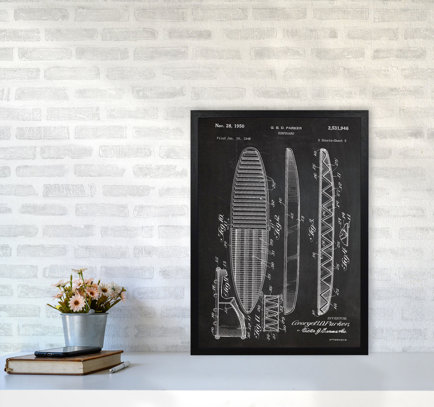 Surfboard Patent Art Print by Jason Stanley A2 White Frame