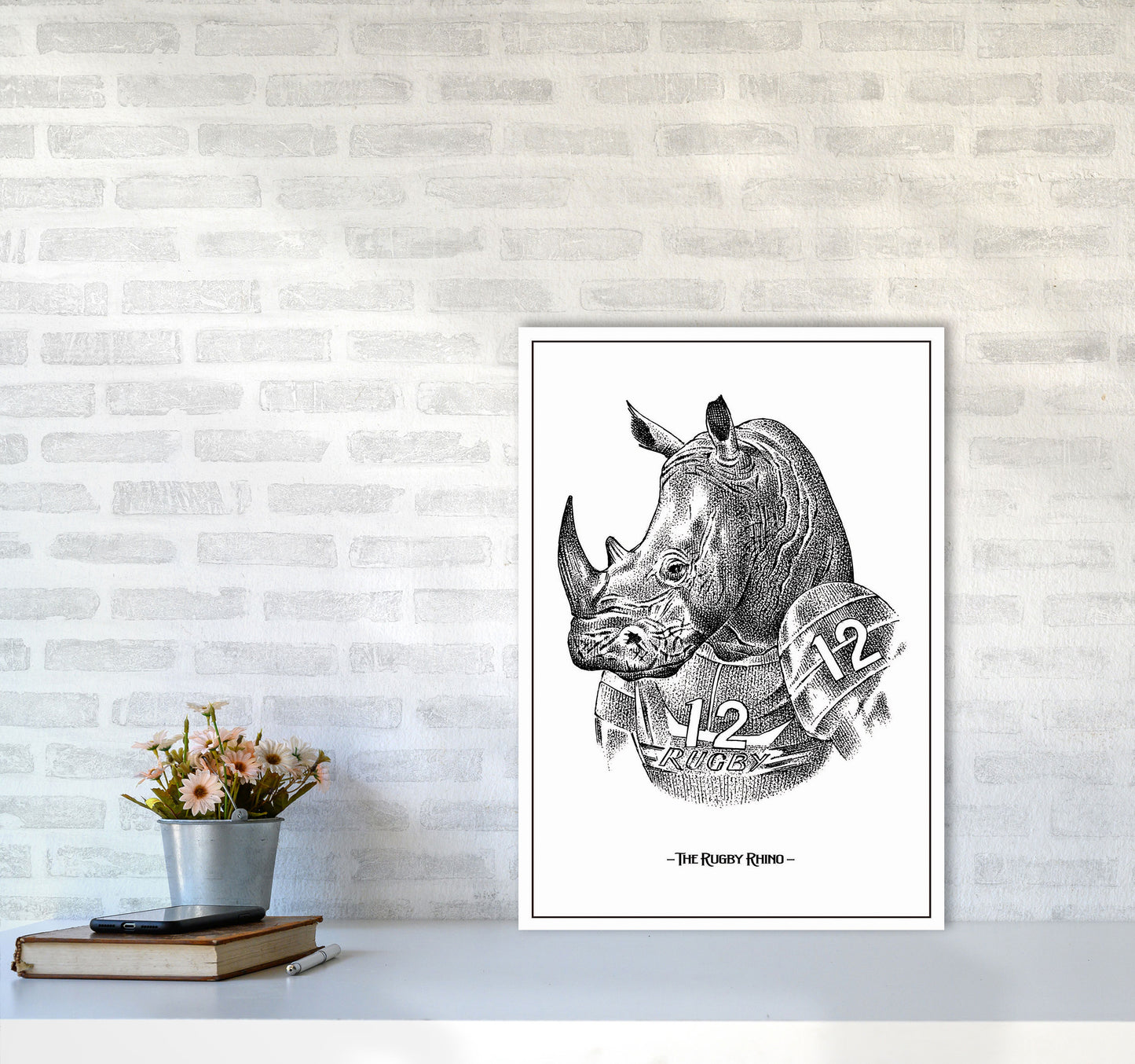 The Rugby Rhino Art Print by Jason Stanley A2 Black Frame