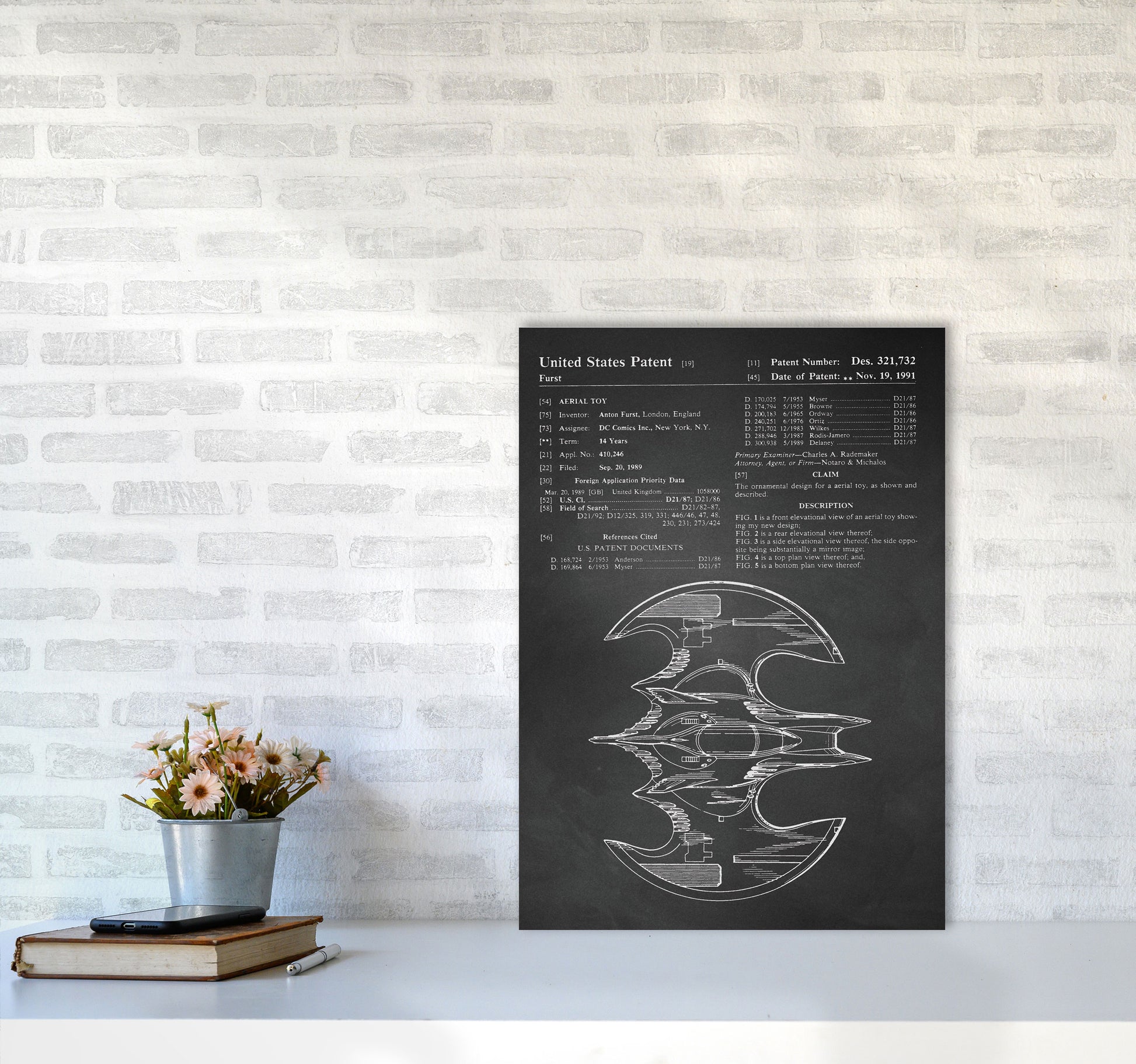 Batwing Patent Side View- Chalkboard Art Print by Jason Stanley A2 Black Frame