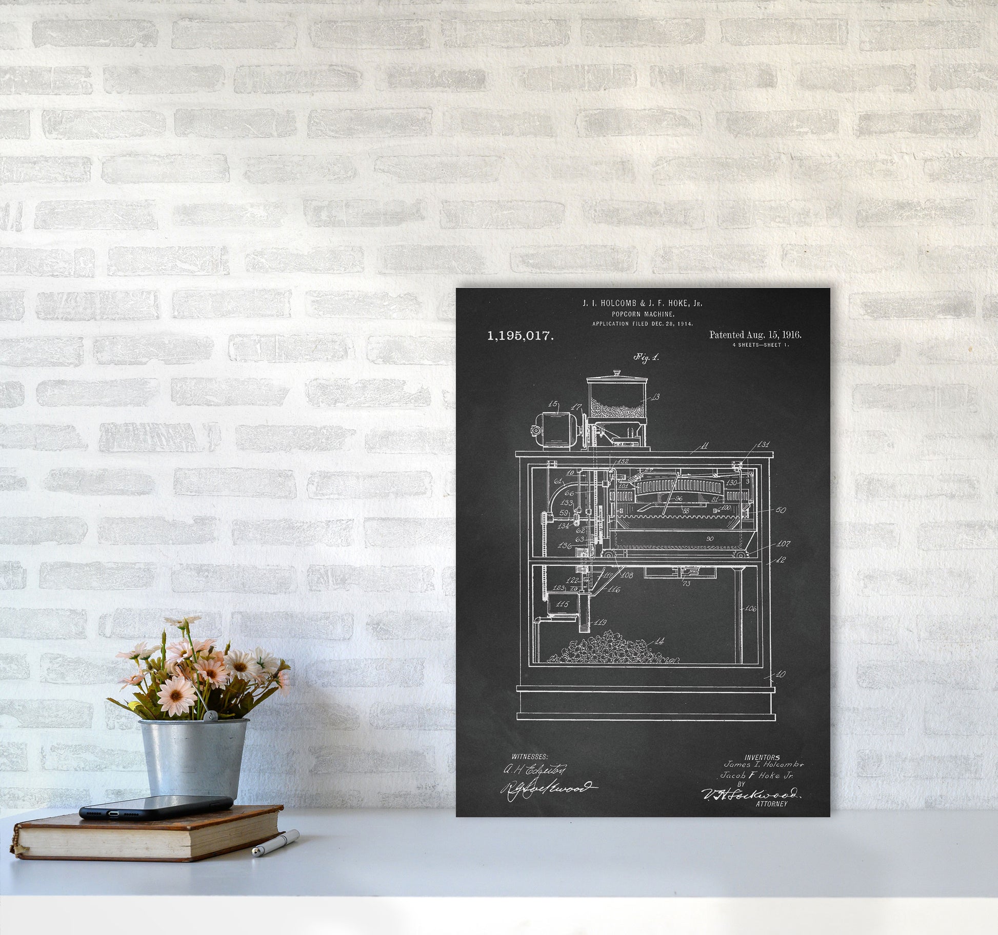 Popcorn Machine Patent- Chalkboard Art Print by Jason Stanley A2 Black Frame