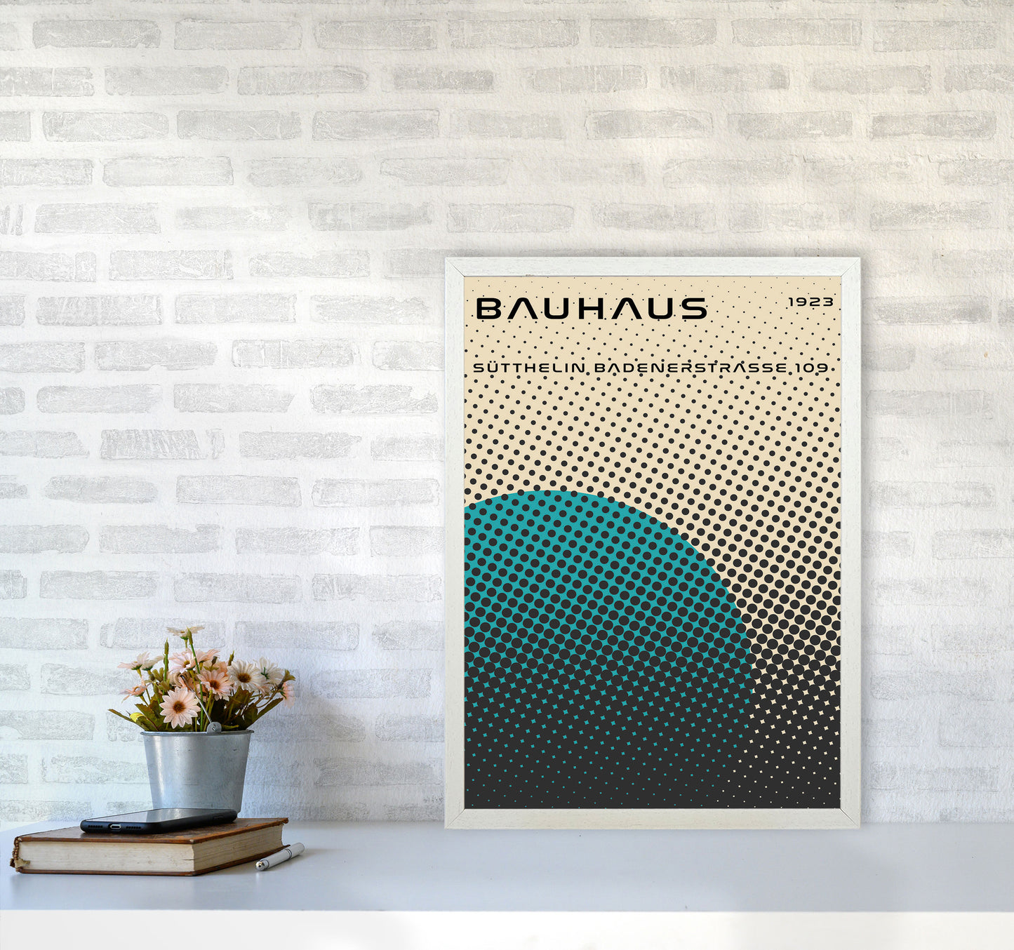 Bauhaus Geometric Teal Vibe Art Print by Jason Stanley A2 Oak Frame