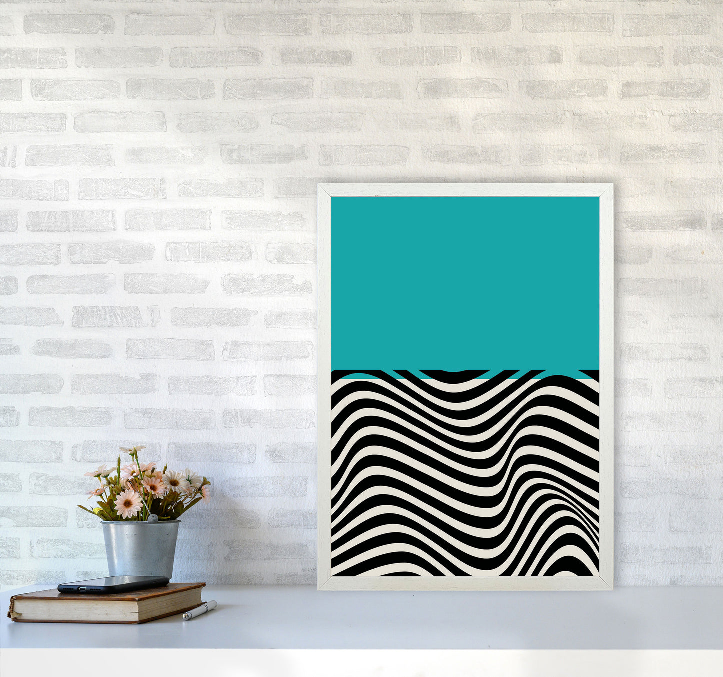 Minimal Abstract Blue Wave Art Print by Jason Stanley A2 Oak Frame