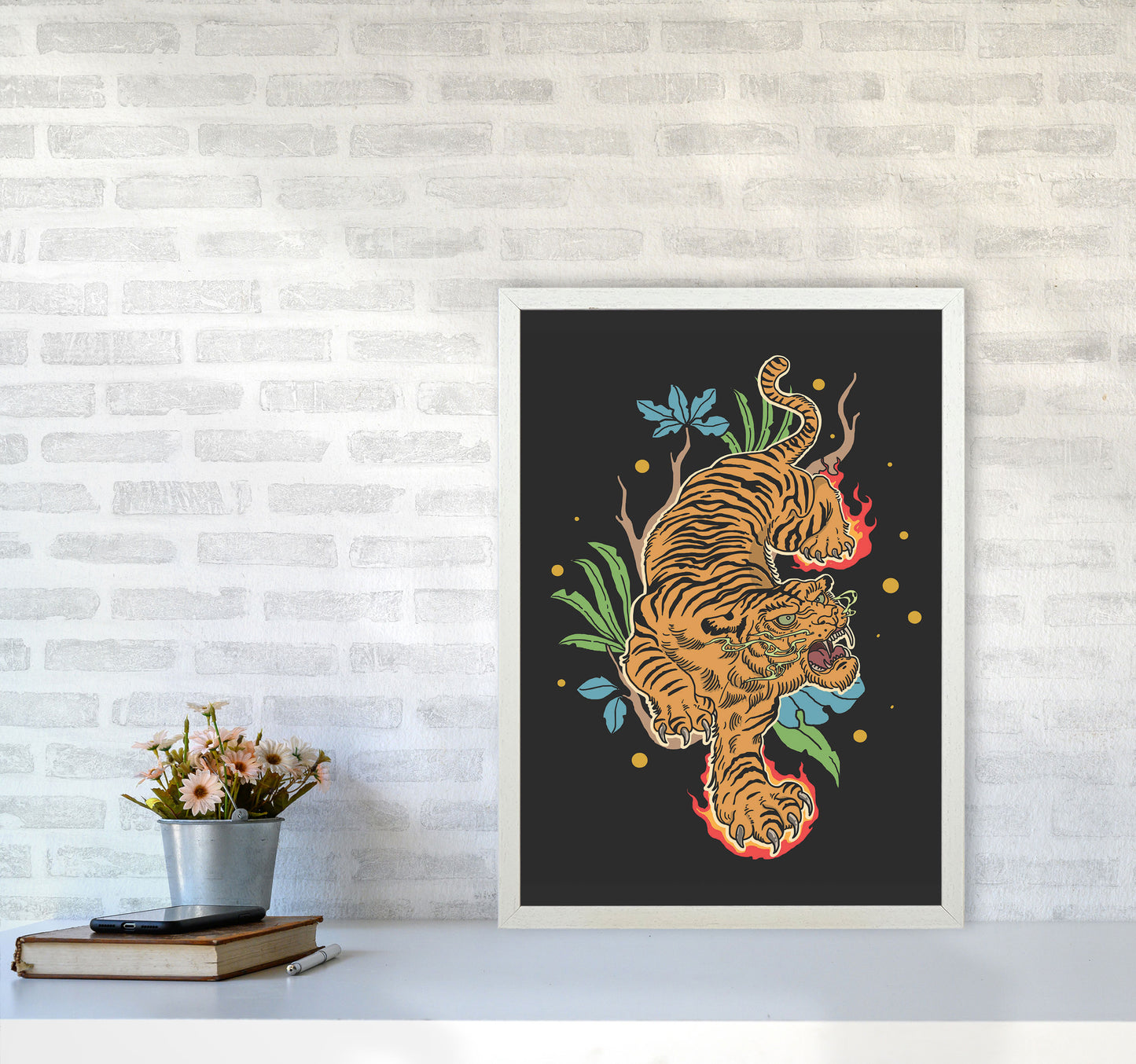 Classic Tiger Tattoo Art Print by Jason Stanley A2 Oak Frame