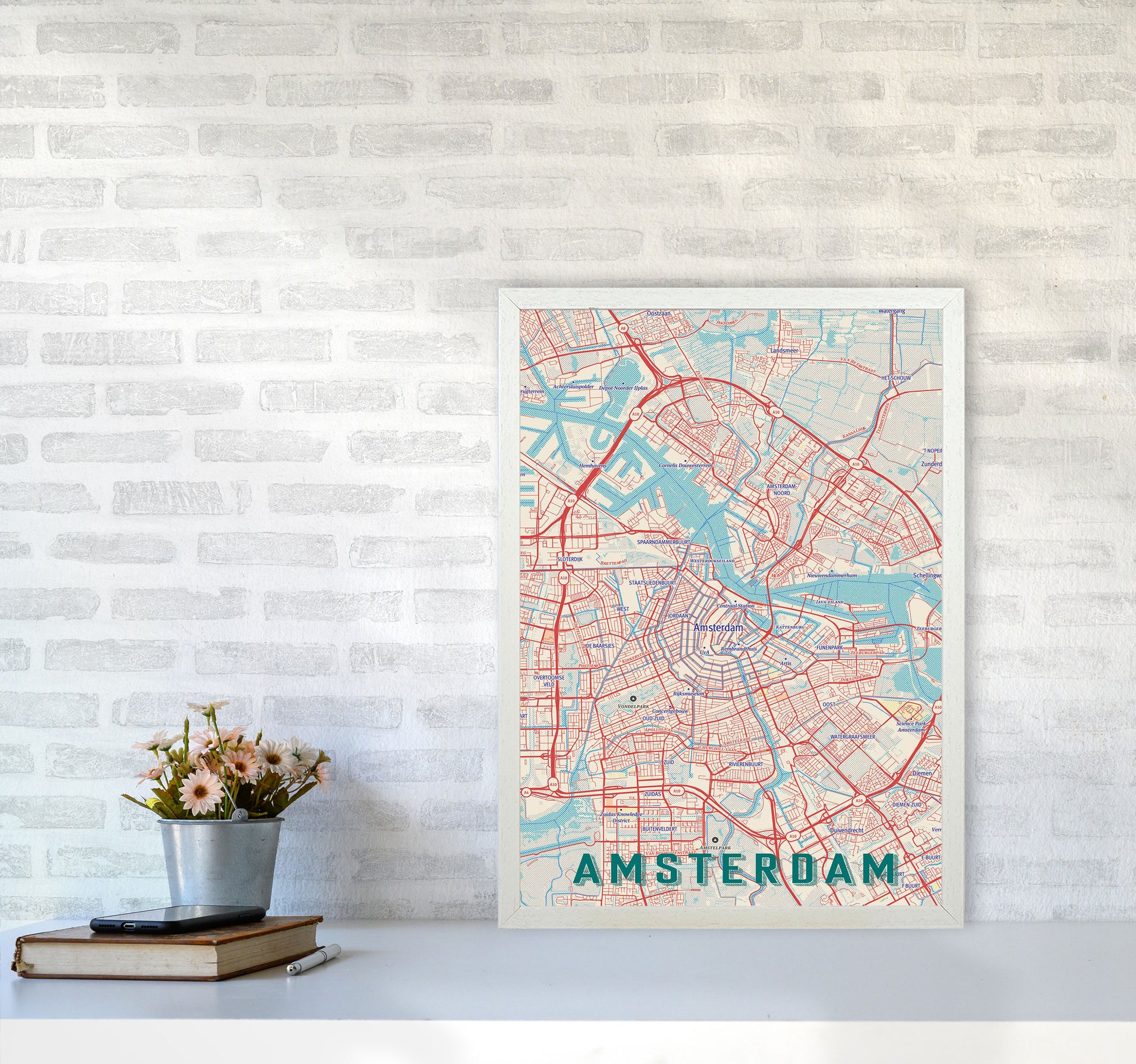 Retro Map - Amsterdam Art Print by Jason Stanley A2 Oak Frame