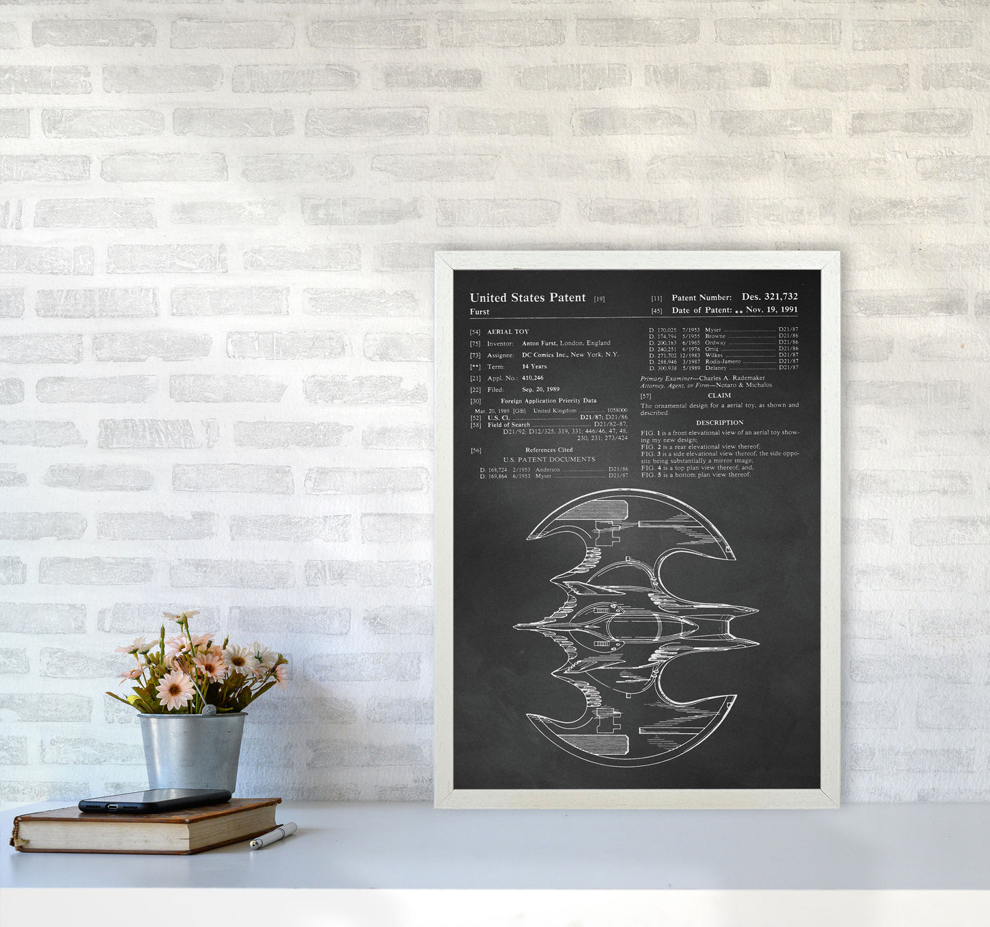 Batwing Patent Side View- Chalkboard Art Print by Jason Stanley A2 Oak Frame