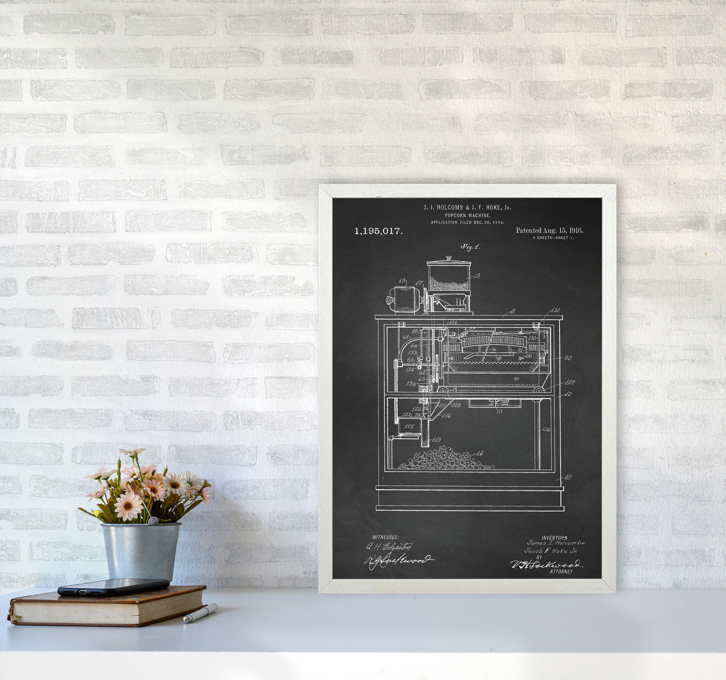 Popcorn Machine Patent- Chalkboard Art Print by Jason Stanley A2 Oak Frame