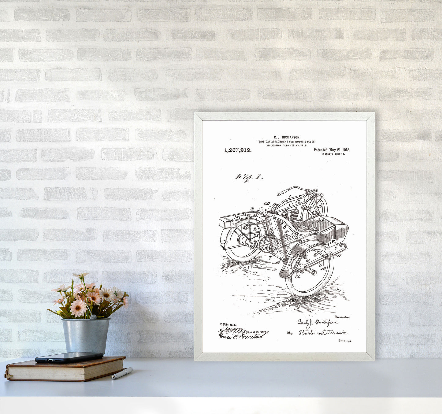 Motorcycle With Side Car Patent Art Print by Jason Stanley A2 Oak Frame