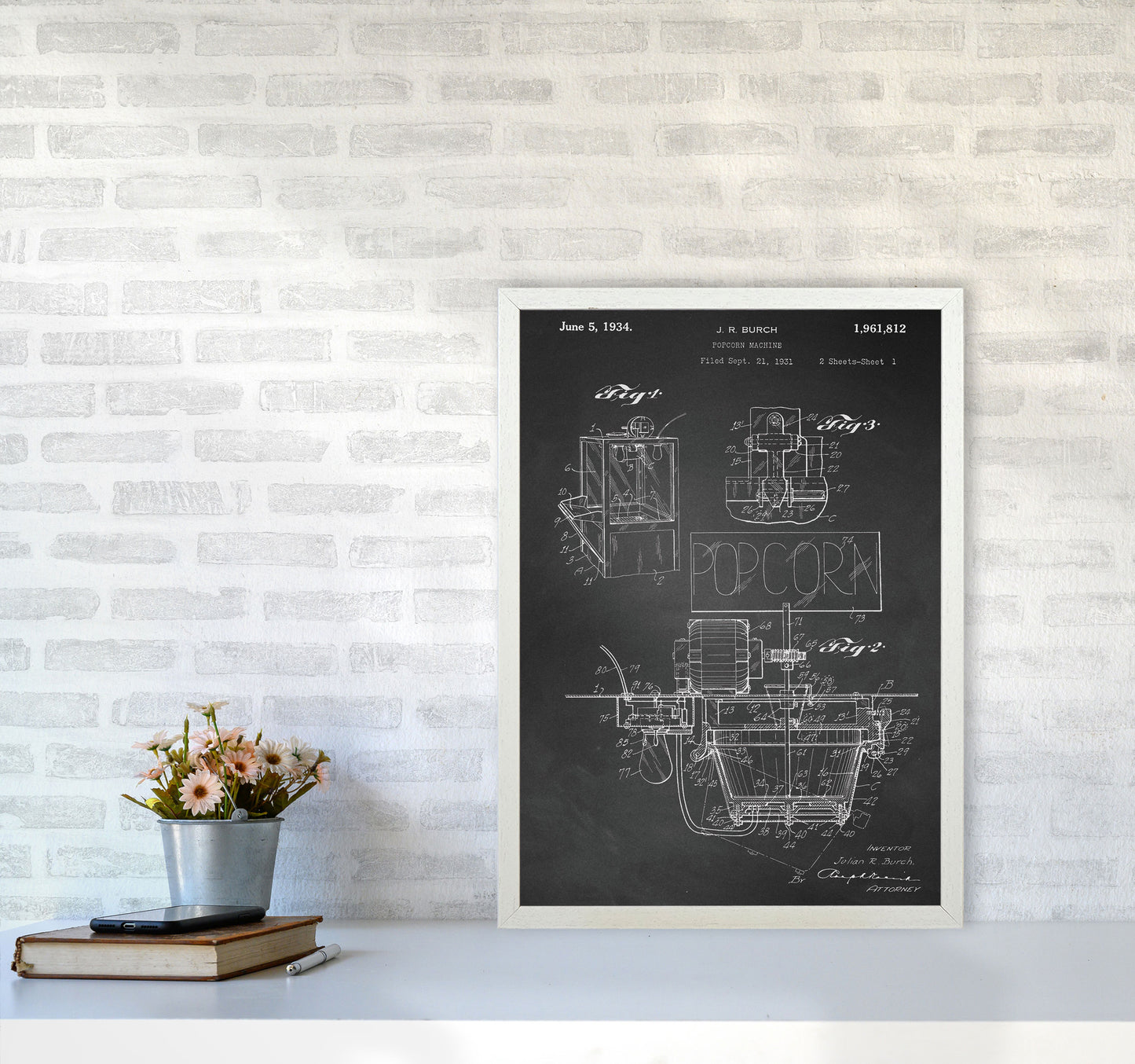 Popcorn Machine Patent 2-Chalkboard Art Print by Jason Stanley A2 Oak Frame