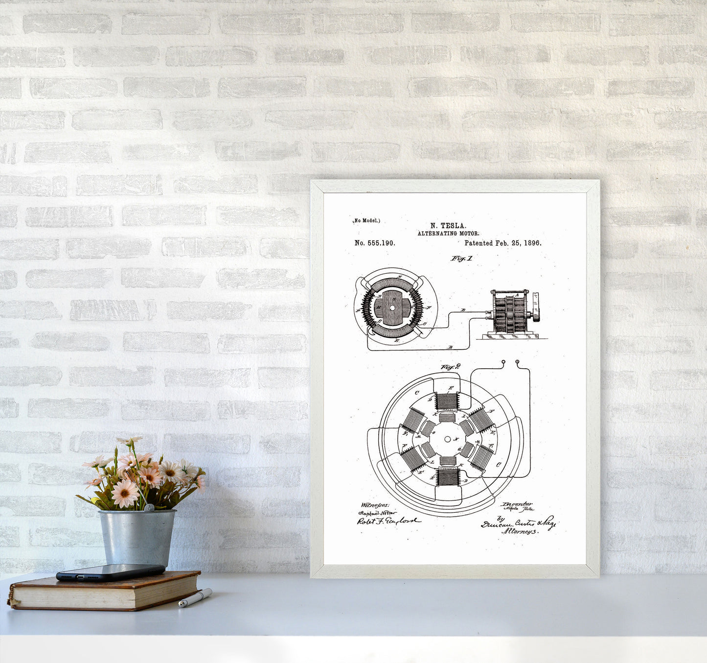 Tesla Alternating Motor Patent Art Print by Jason Stanley A2 Oak Frame