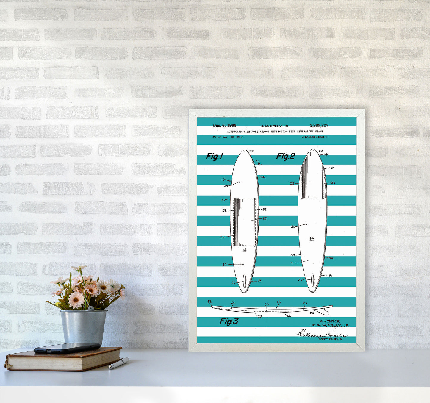 Surfboard Patent Stripe Art Print by Jason Stanley A2 Oak Frame