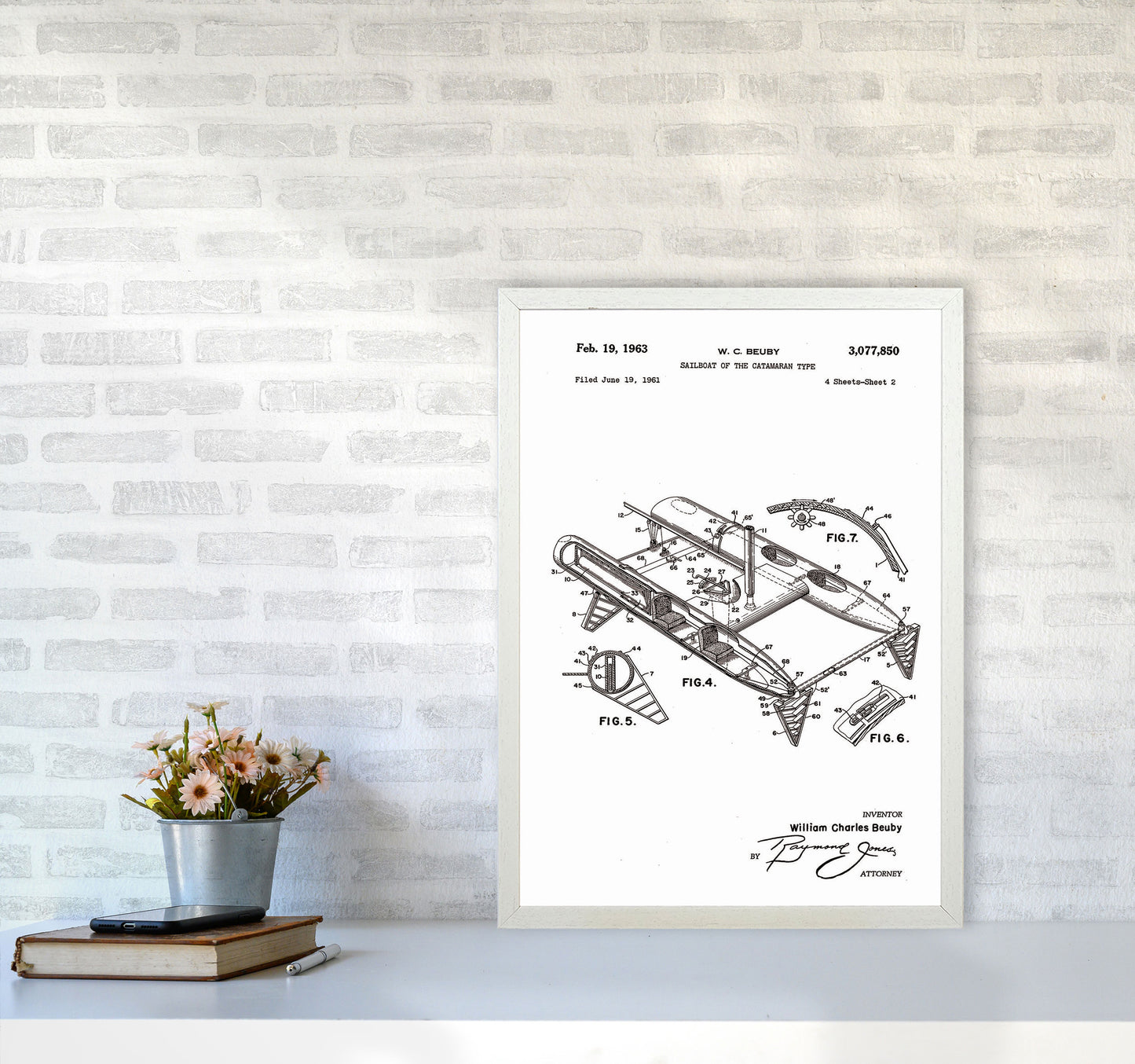 Catamaran Patent Art Print by Jason Stanley A2 Oak Frame