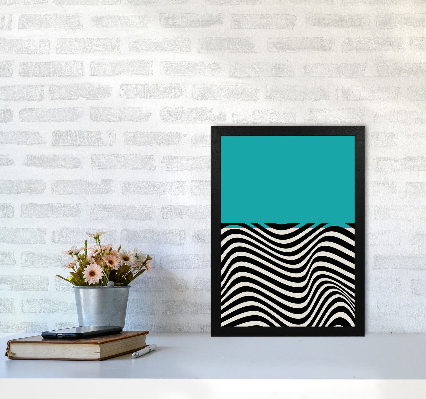 Minimal Abstract Blue Wave Art Print by Jason Stanley A3 White Frame
