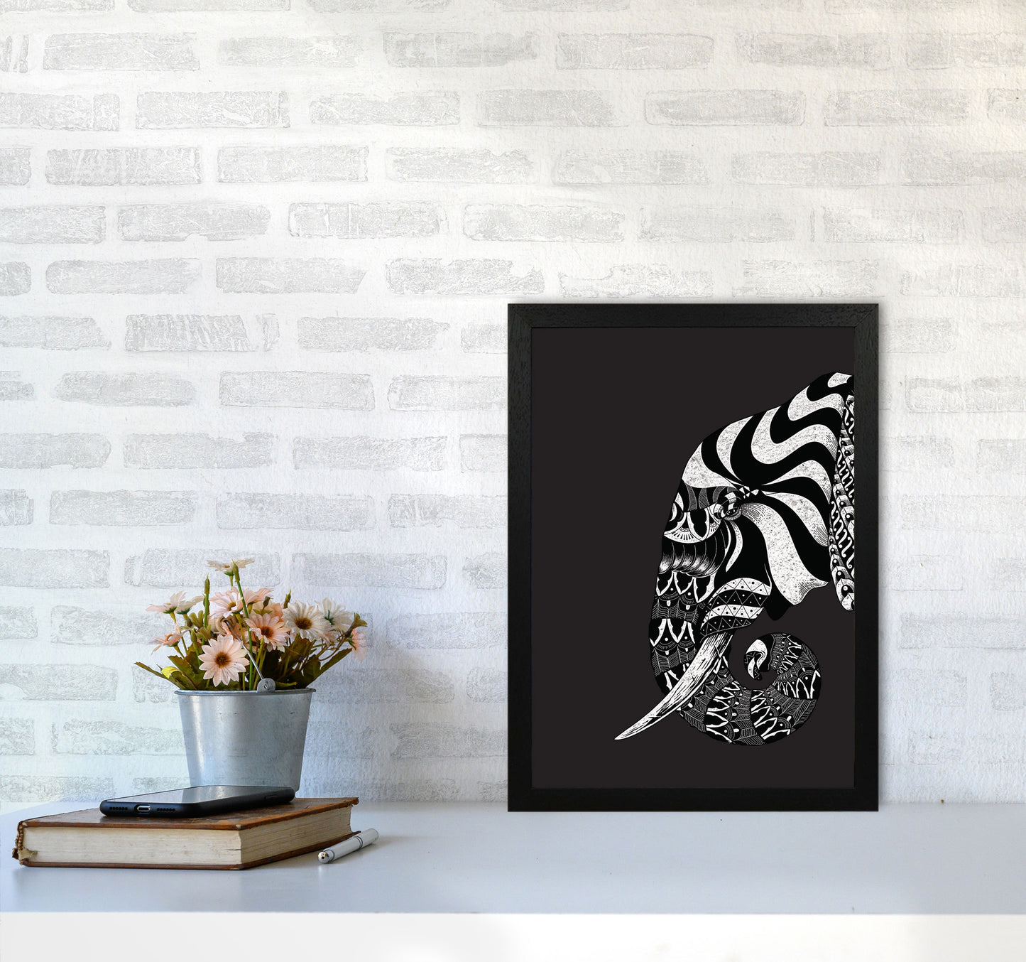 Ornate Elephant Art Print by Jason Stanley A3 White Frame