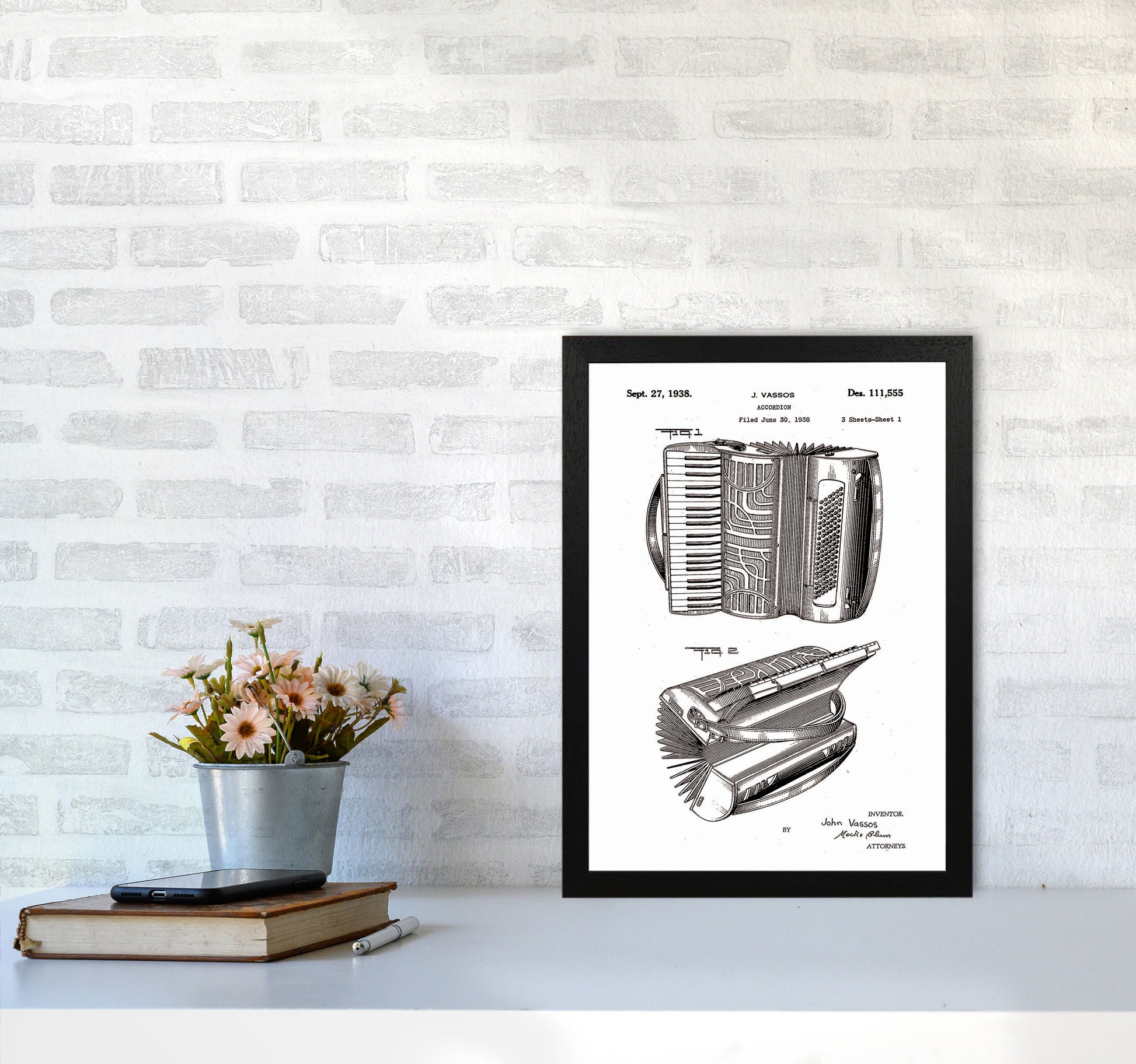 Accordian Patent Art Print by Jason Stanley A3 White Frame