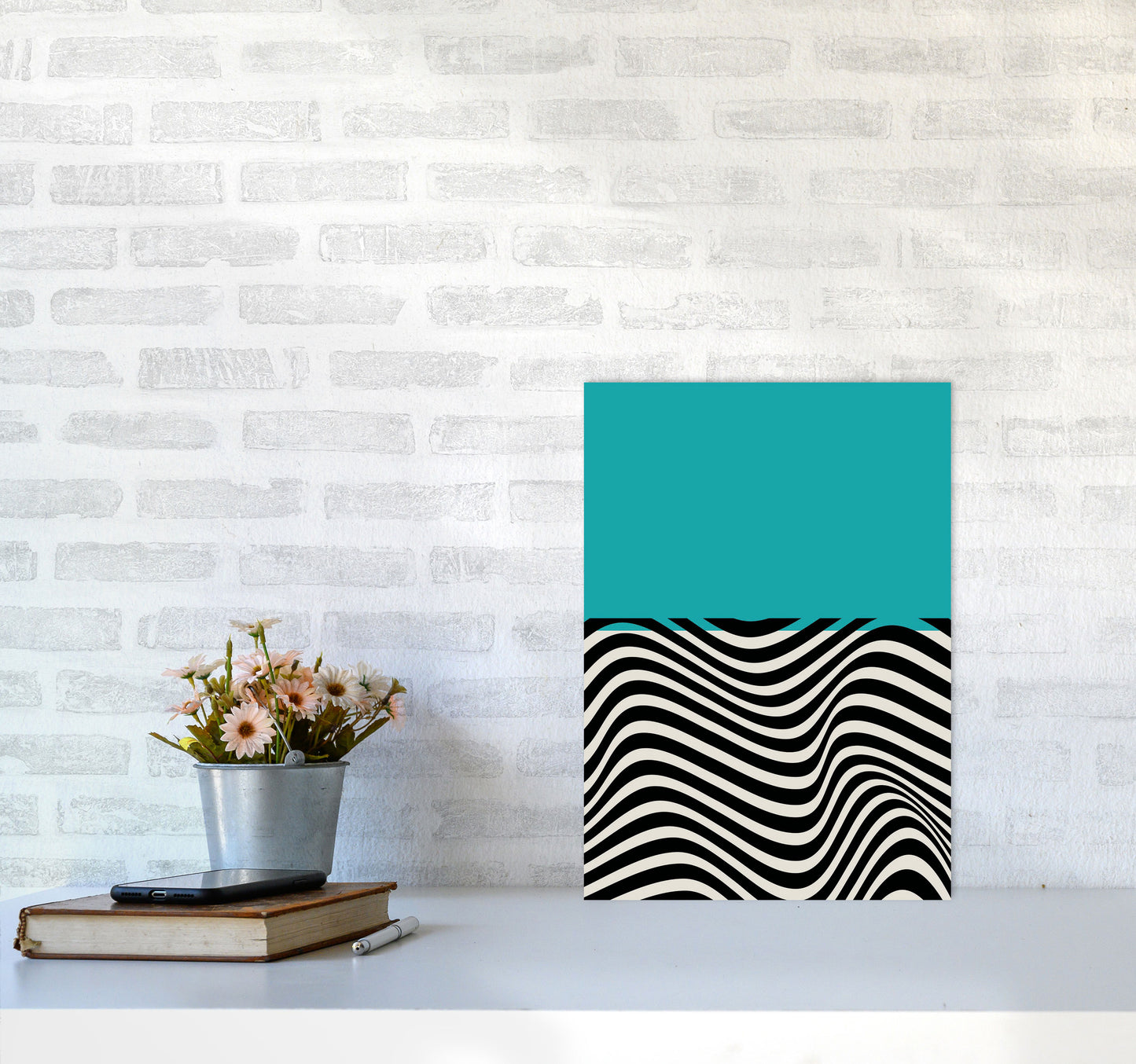 Minimal Abstract Blue Wave Art Print by Jason Stanley A3 Black Frame