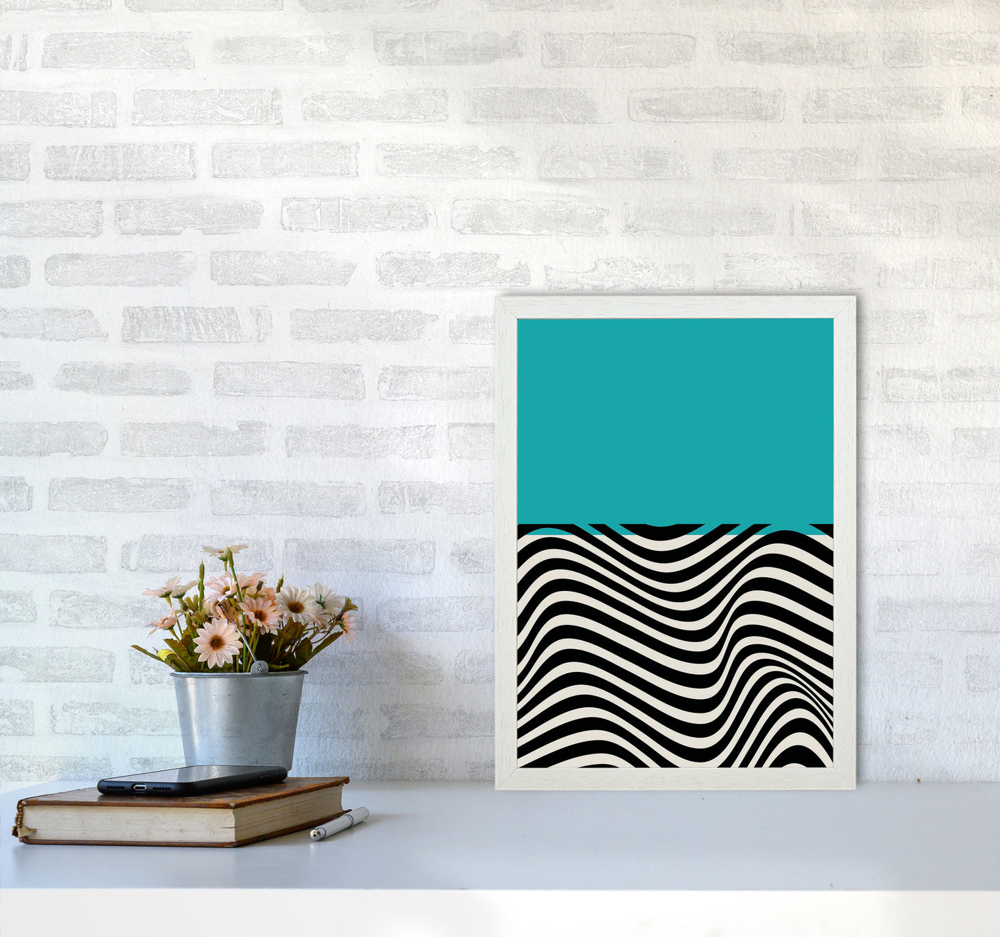 Minimal Abstract Blue Wave Art Print by Jason Stanley A3 Oak Frame