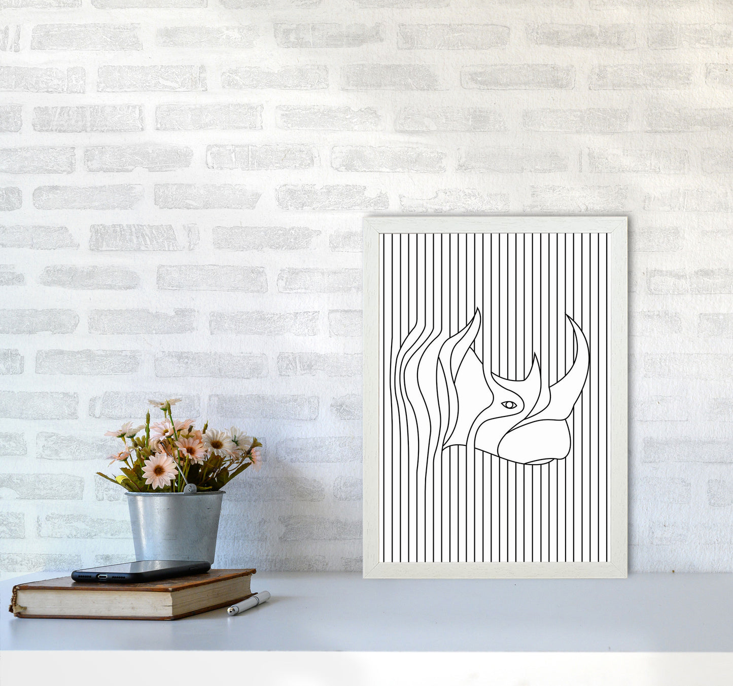 Line Drawing Rhino Art Print by Jason Stanley A3 Oak Frame