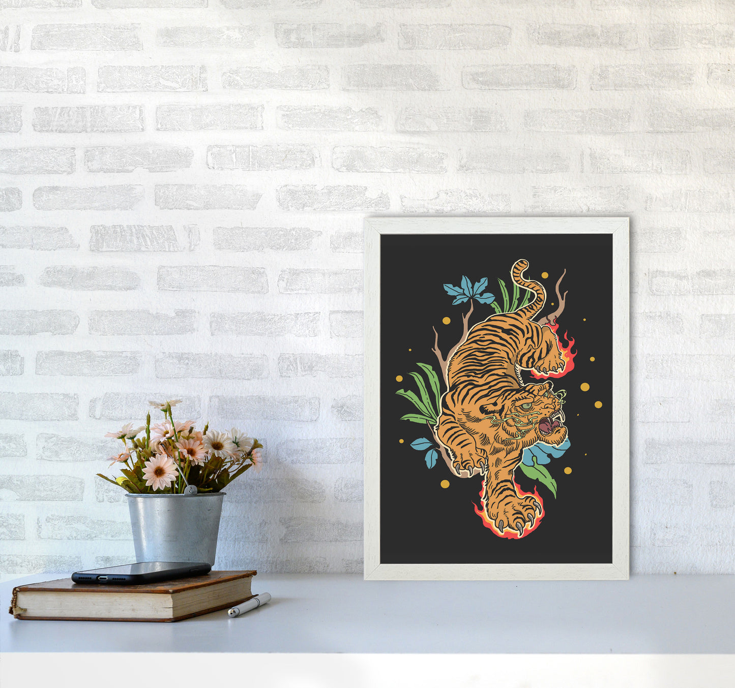Classic Tiger Tattoo Art Print by Jason Stanley A3 Oak Frame