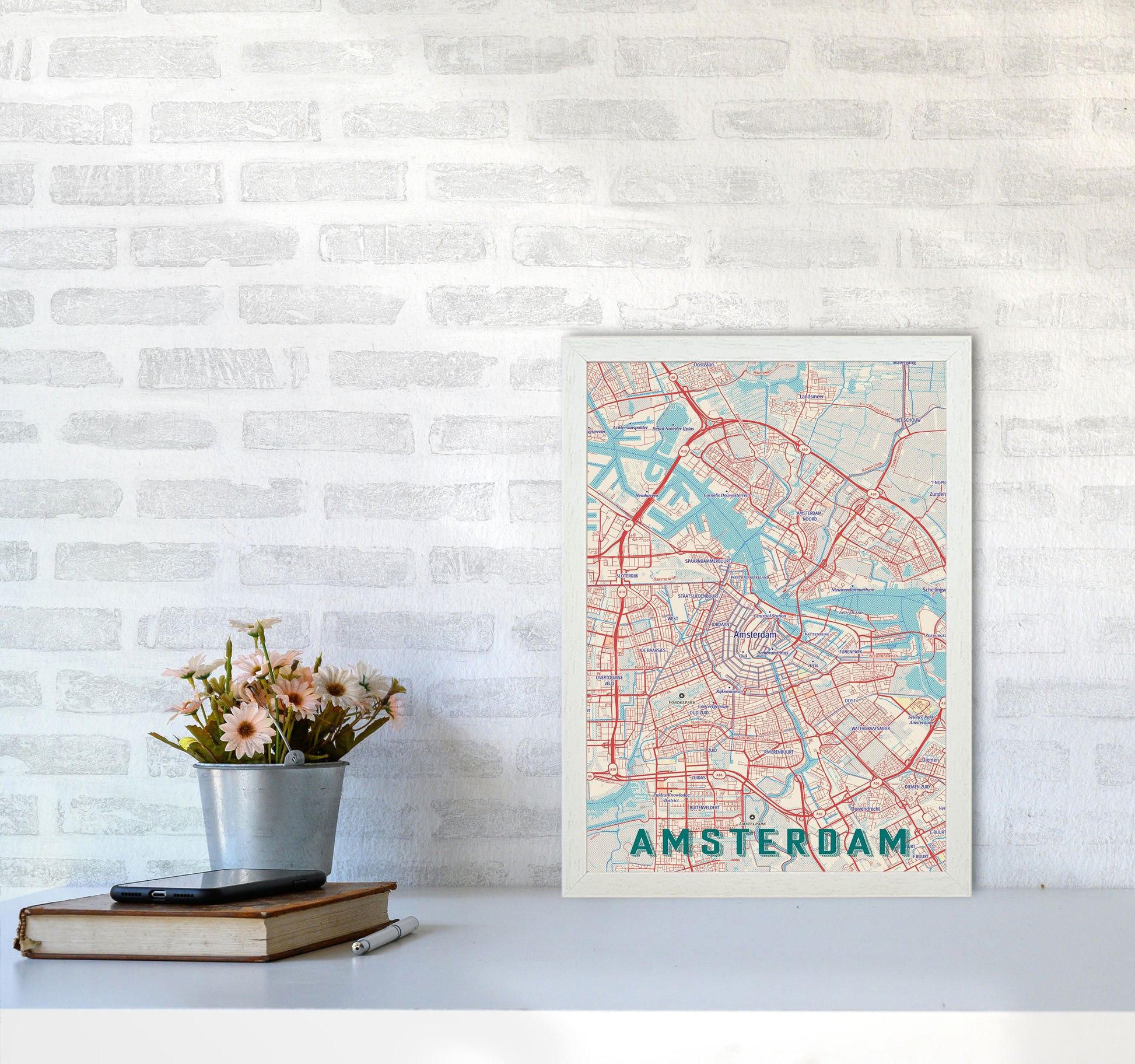 Retro Map - Amsterdam Art Print by Jason Stanley A3 Oak Frame